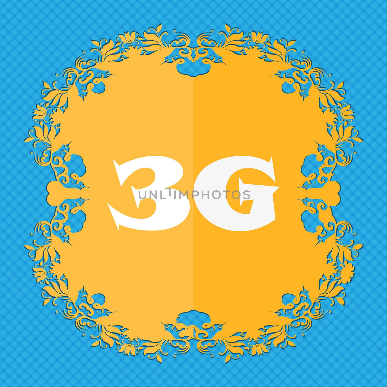 3G sign icon. Mobile telecommunications technology symbol. Floral flat design on a blue abstract background with place for your text. illustration