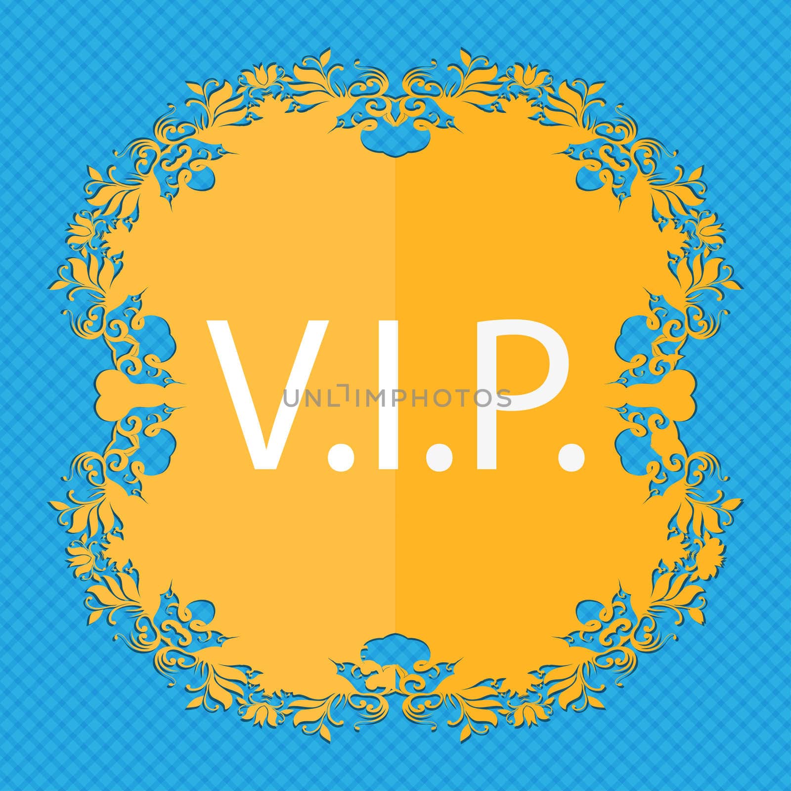 Vip sign icon. Membership symbol. Very important person. Floral flat design on a blue abstract background with place for your text. illustration