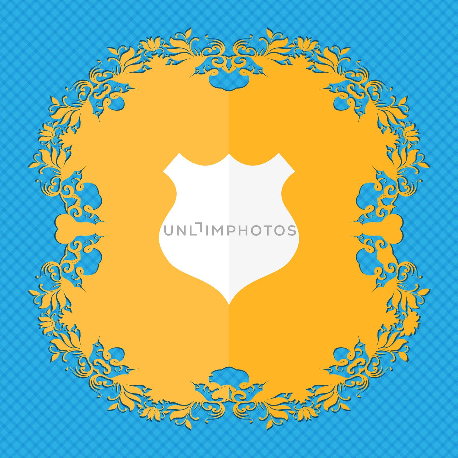 shield icon sign. Floral flat design on a blue abstract background with place for your text. illustration