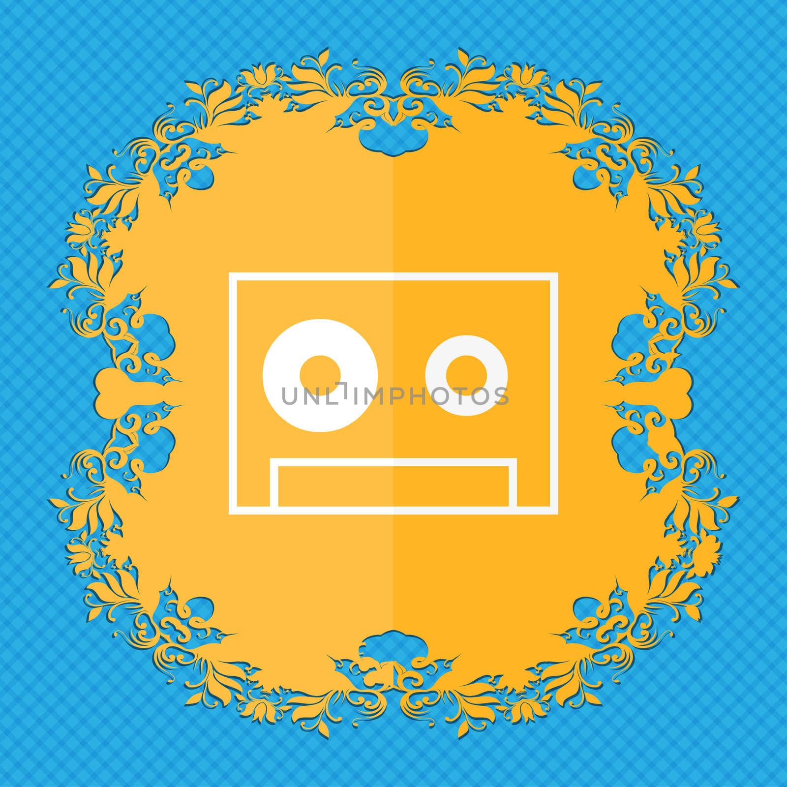 cassette sign icon. Audiocassette symbol. Floral flat design on a blue abstract background with place for your text.  by serhii_lohvyniuk