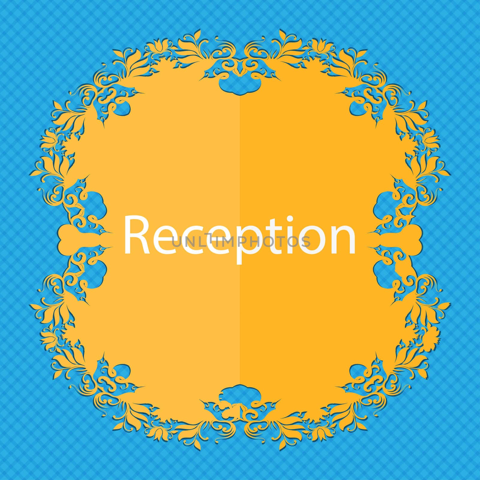 Reception sign icon. Hotel registration table symbol. Floral flat design on a blue abstract background with place for your text. illustration