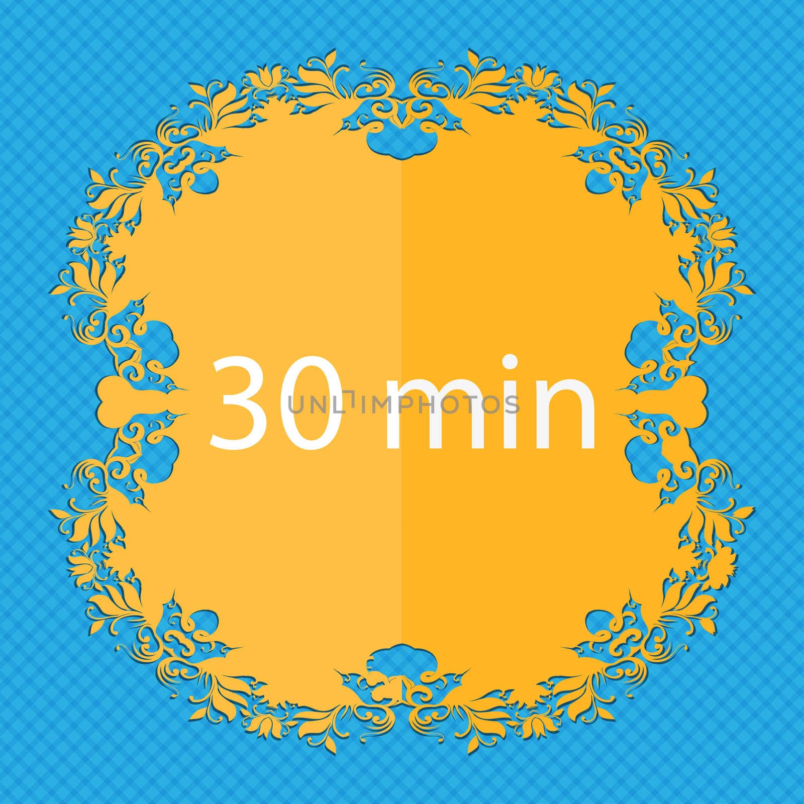 30 minutes sign icon. Floral flat design on a blue abstract background with place for your text. illustration