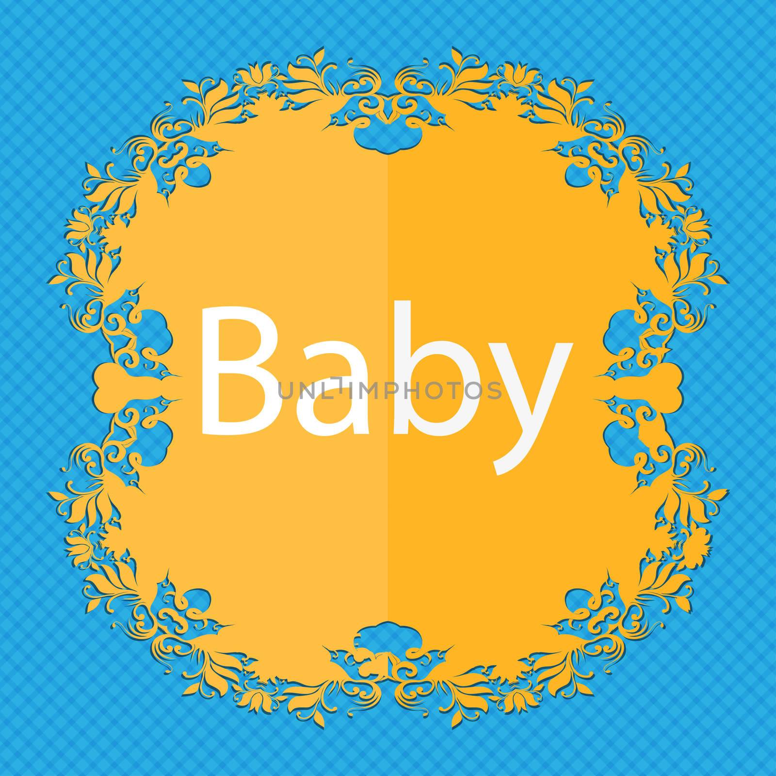 Baby on board sign icon. Infant in car caution symbol. Baby pacifier nipple. Floral flat design on a blue abstract background with place for your text. illustration