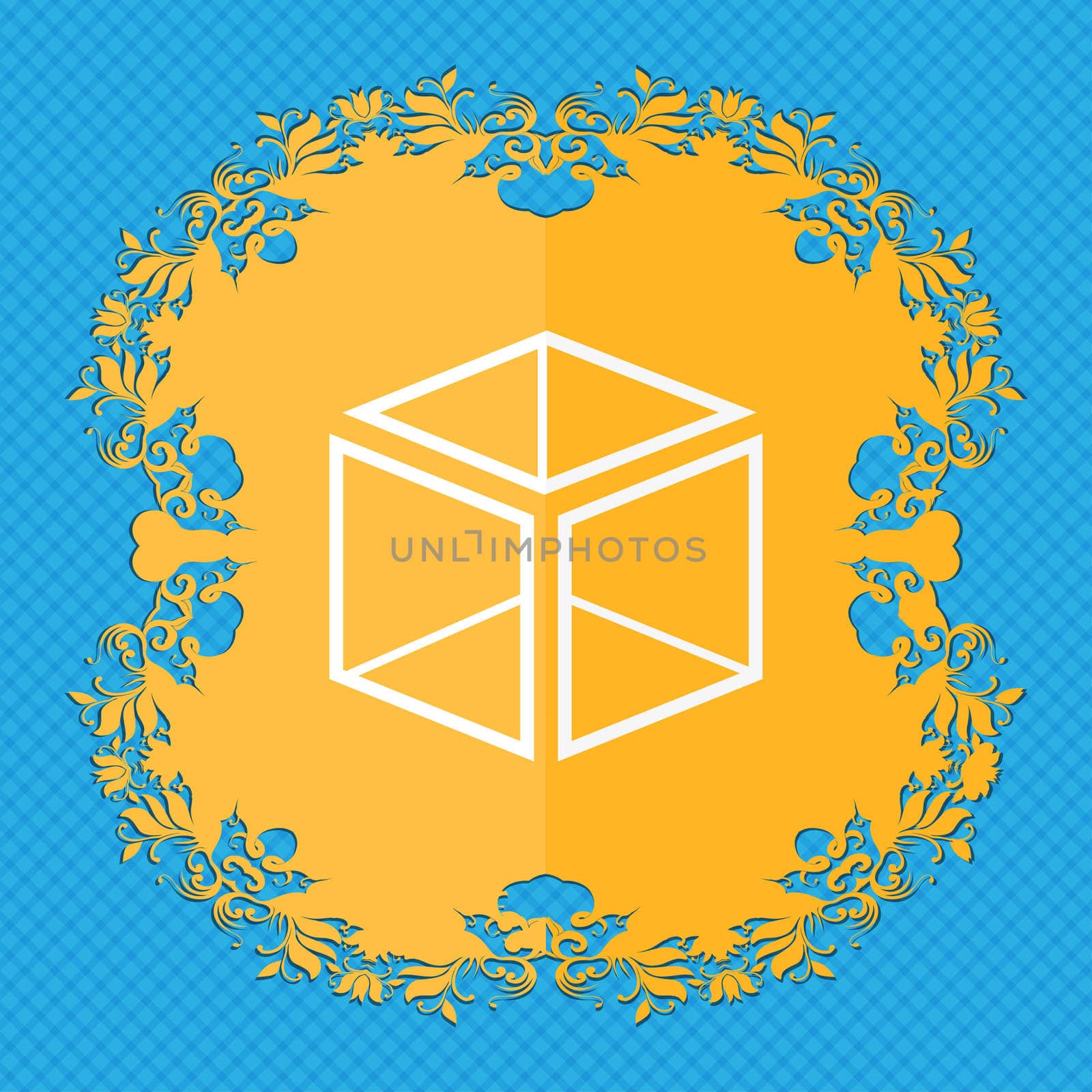 3d cube icon sign. Floral flat design on a blue abstract background with place for your text.  by serhii_lohvyniuk