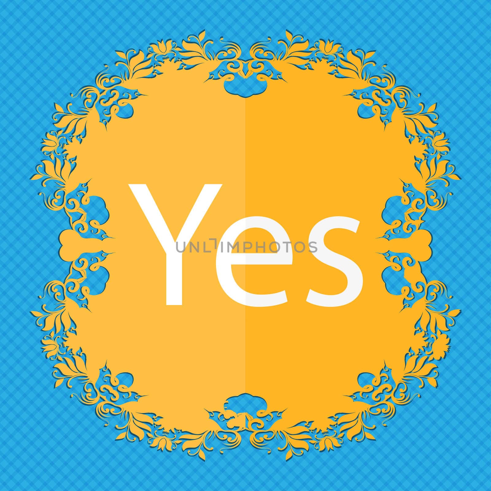 Yes sign icon. Positive check symbol. Floral flat design on a blue abstract background with place for your text.  by serhii_lohvyniuk