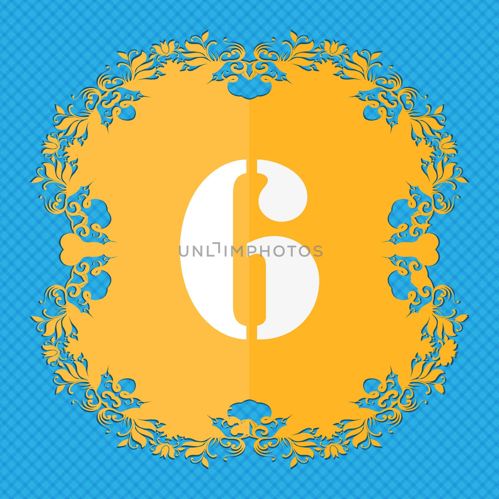 number six icon sign. Floral flat design on a blue abstract background with place for your text. illustration