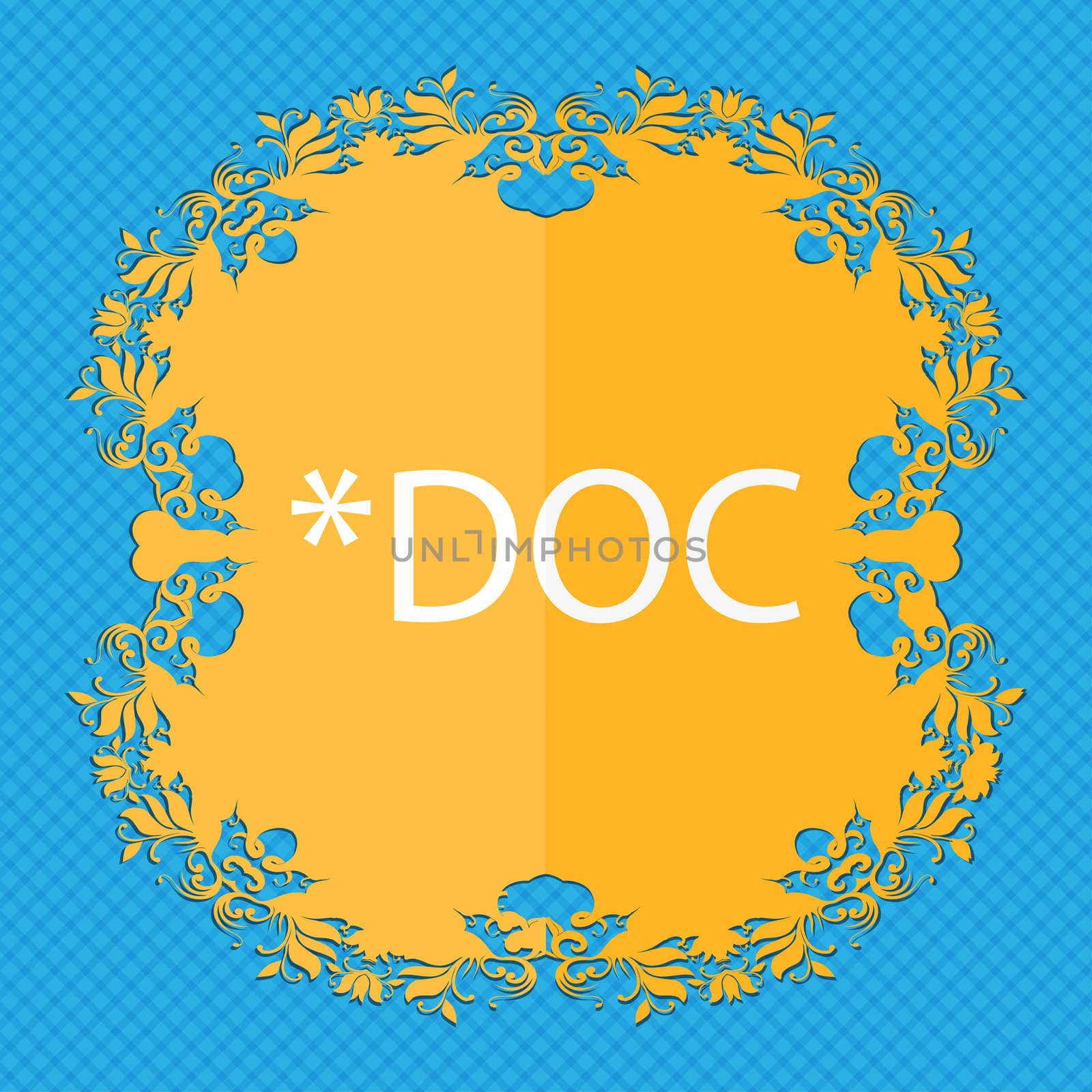 File document icon. Download doc button. Doc file extension symbol. Floral flat design on a blue abstract background with place for your text. illustration