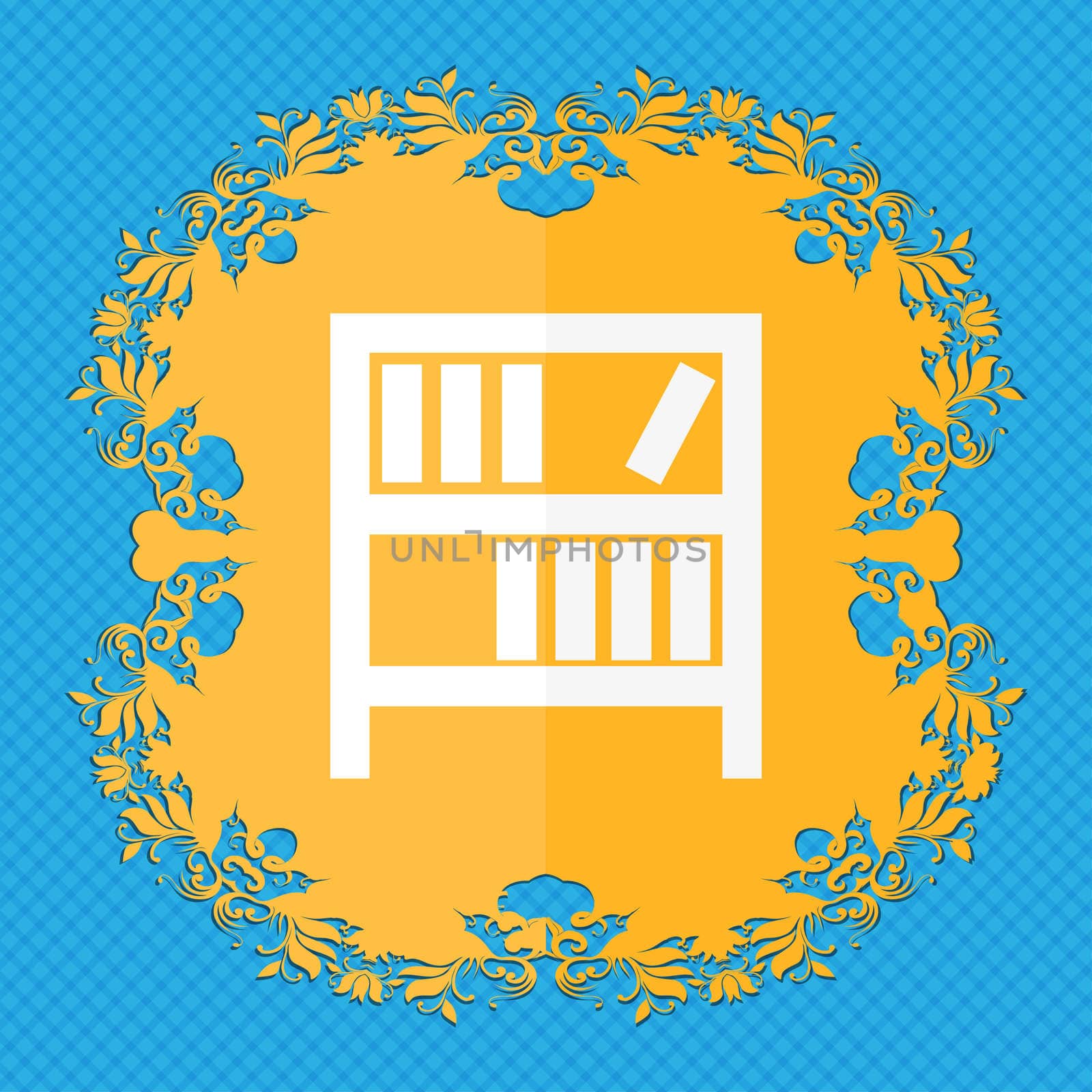 Bookshelf icon sign. Floral flat design on a blue abstract background with place for your text.  by serhii_lohvyniuk