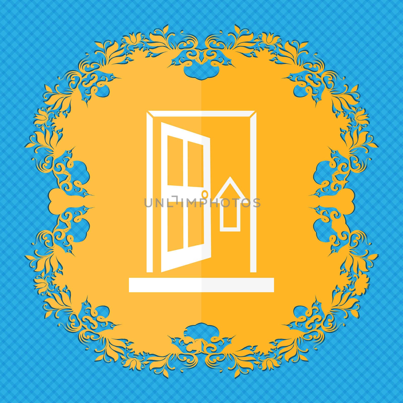 Door, Enter or exit icon sign. Floral flat design on a blue abstract background with place for your text.  by serhii_lohvyniuk