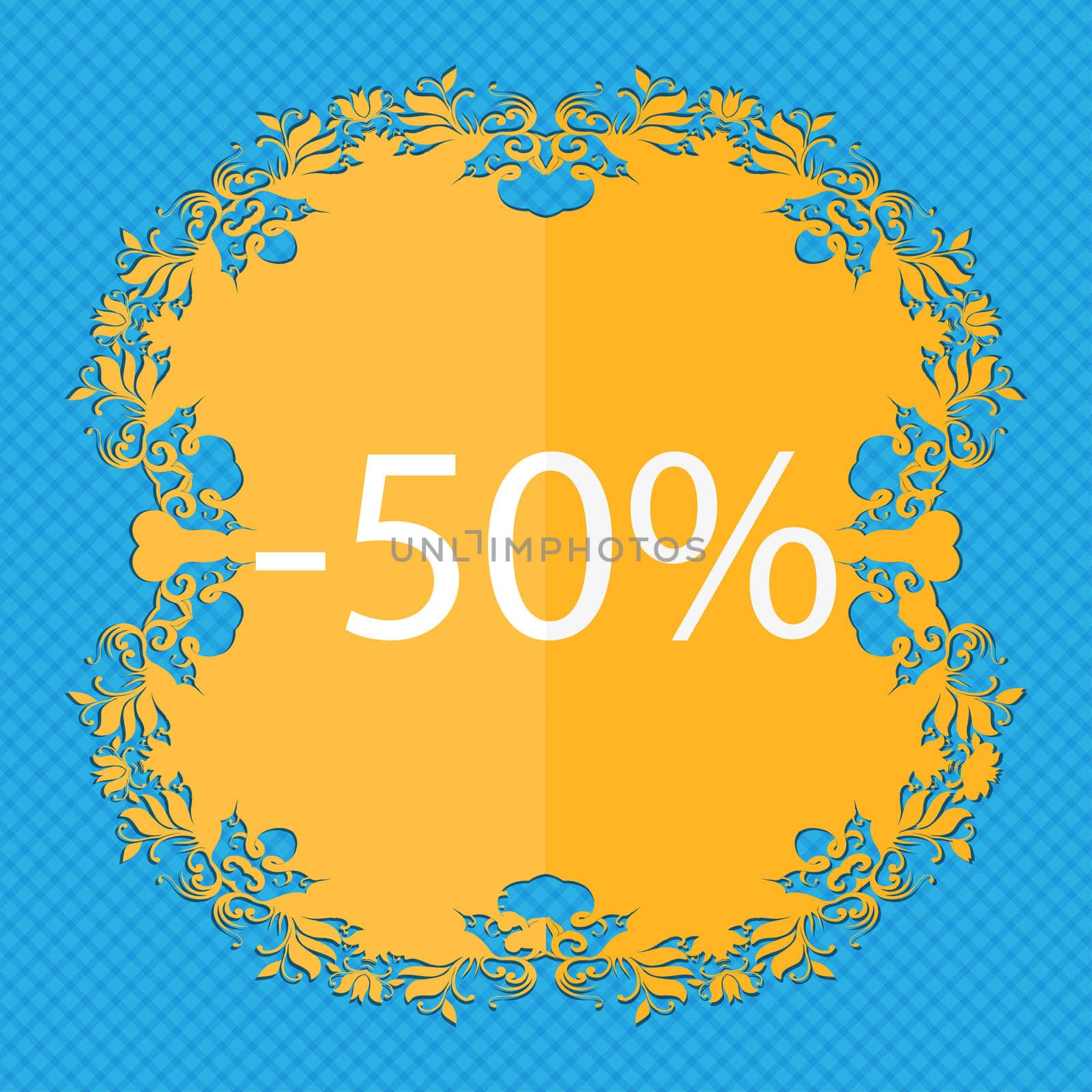 50 percent discount sign icon. Sale symbol. Special offer label. Floral flat design on a blue abstract background with place for your text. illustration