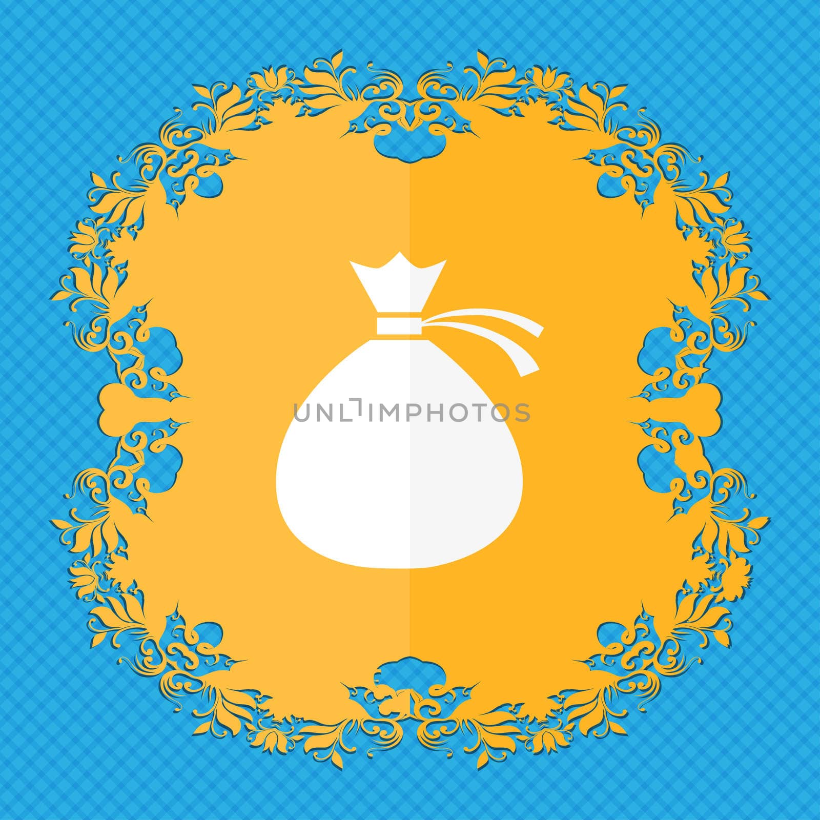 Money bag icon sign. Floral flat design on a blue abstract background with place for your text.  by serhii_lohvyniuk