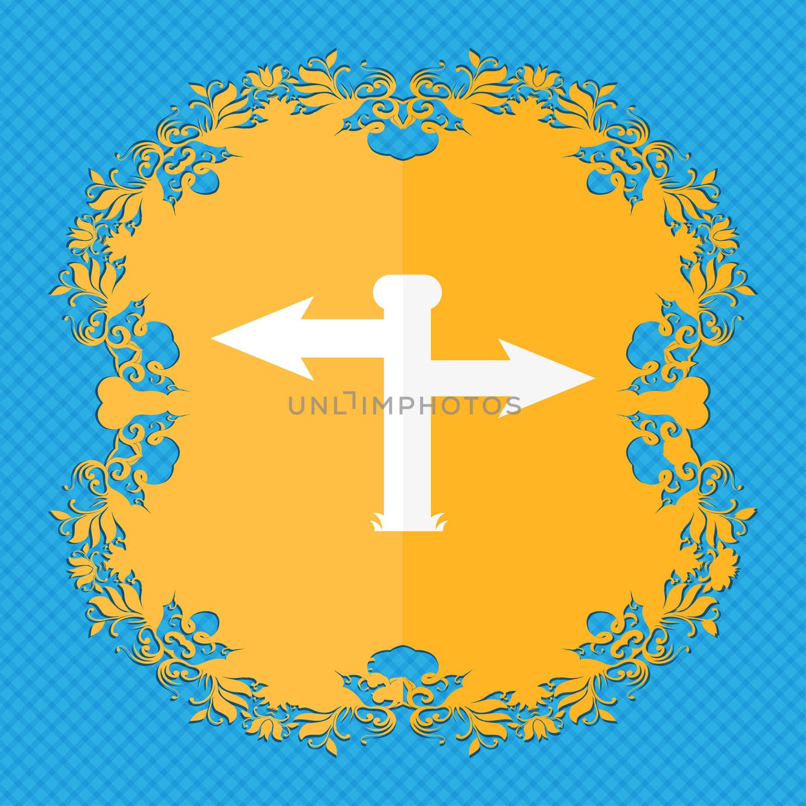 Blank Road Sign icon sign. Floral flat design on a blue abstract background with place for your text.  by serhii_lohvyniuk