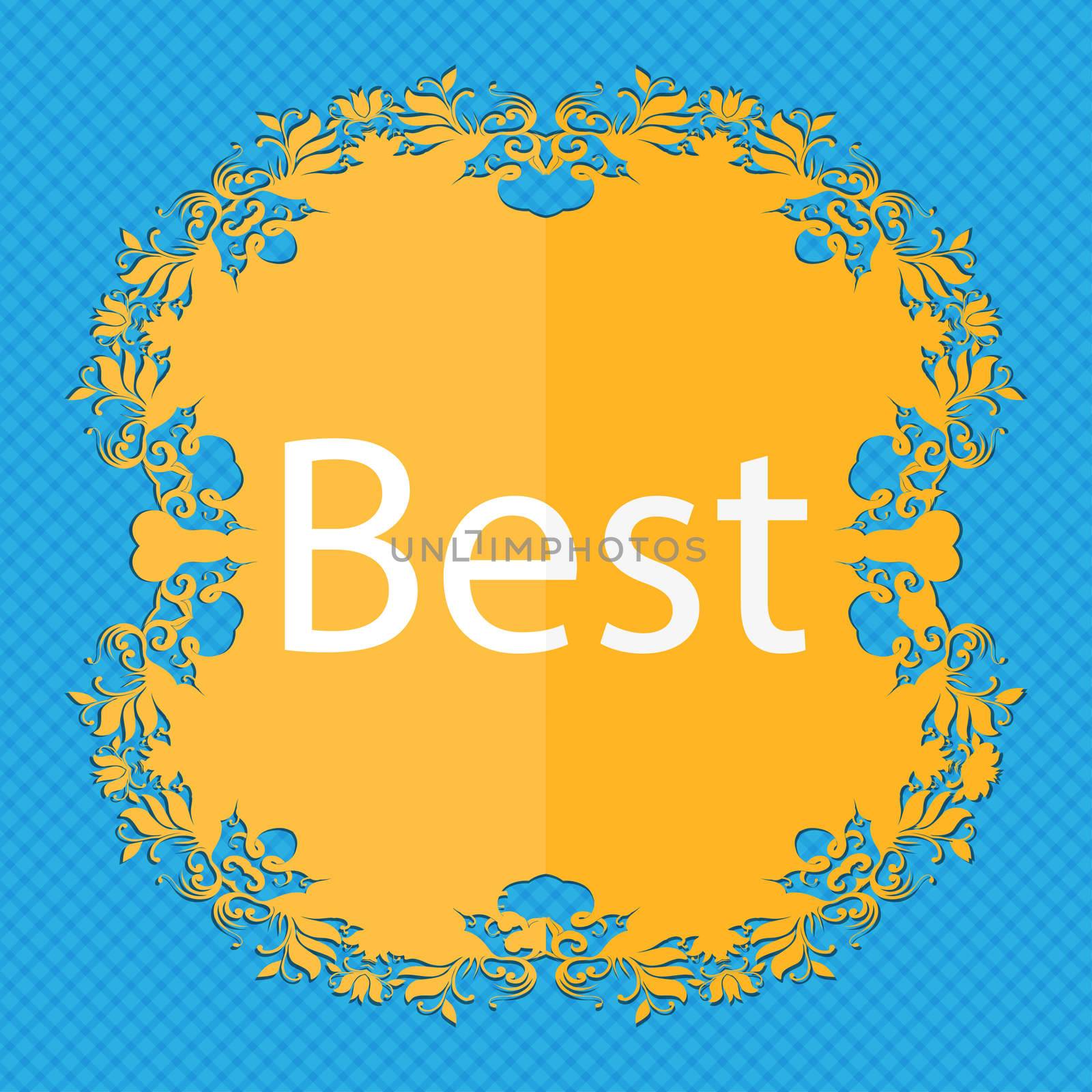 Best seller sign icon. Best-seller award symbol. Floral flat design on a blue abstract background with place for your text.  by serhii_lohvyniuk