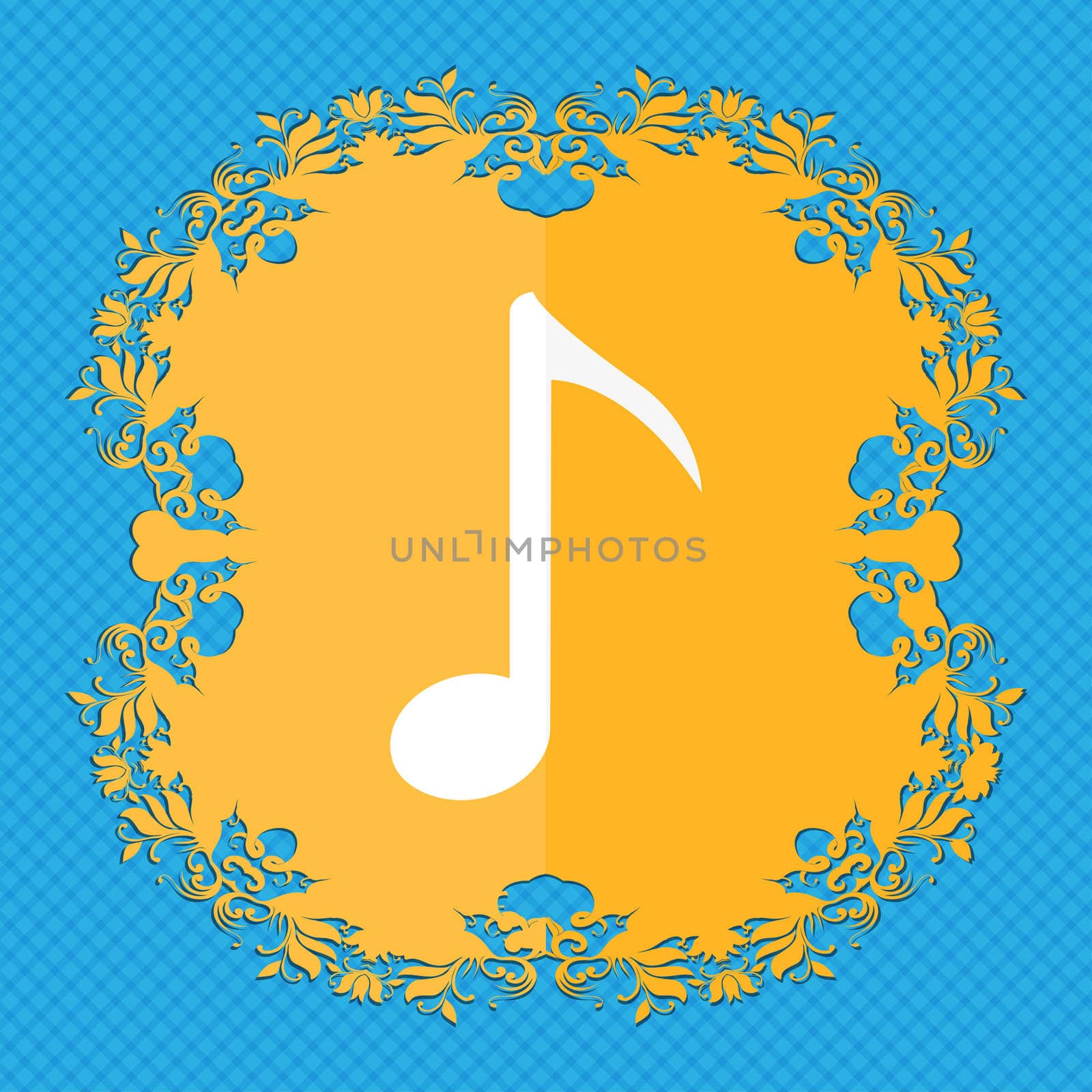 Music note icon sign. Floral flat design on a blue abstract background with place for your text.  by serhii_lohvyniuk