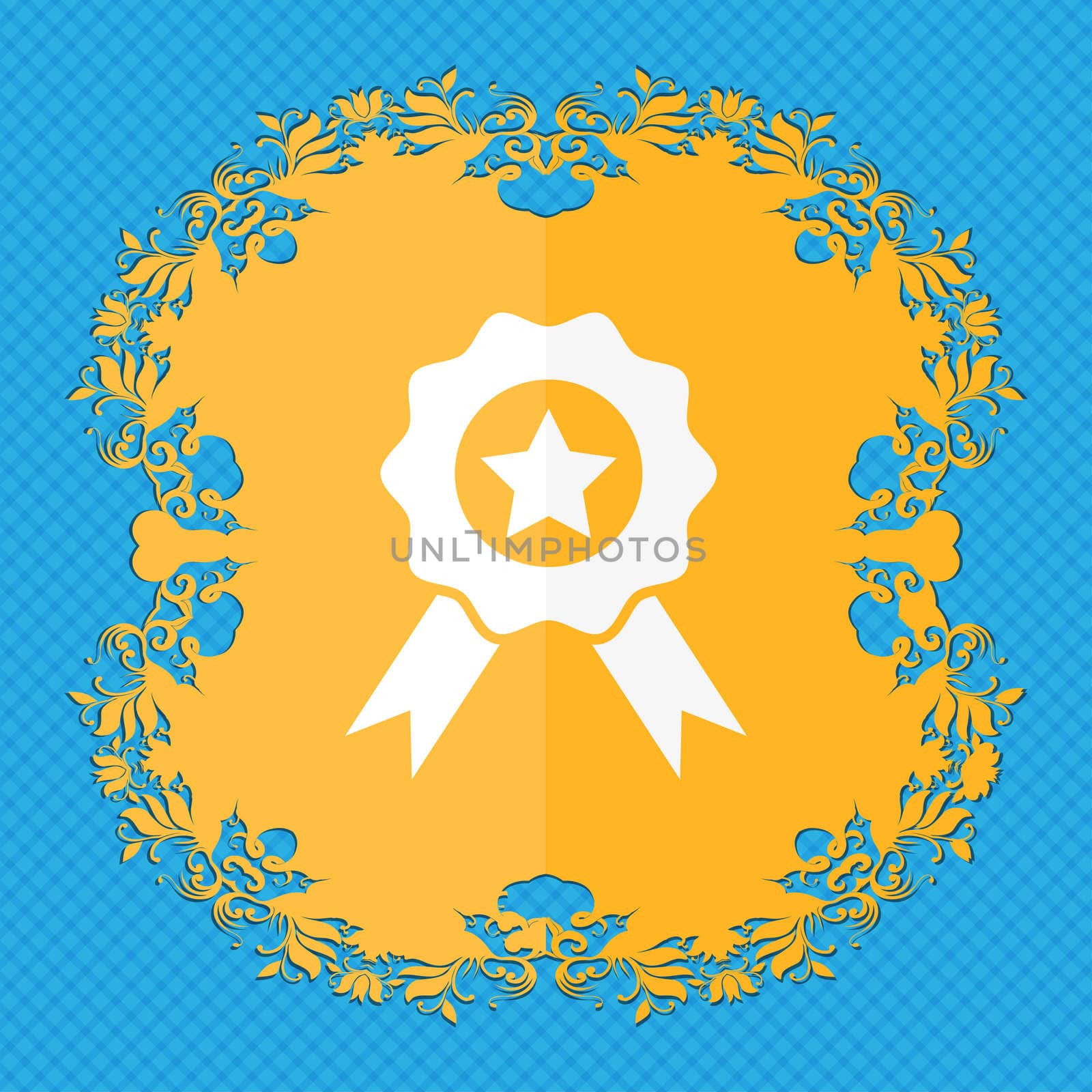 Award, Medal of Honor icon sign. Floral flat design on a blue abstract background with place for your text.  by serhii_lohvyniuk