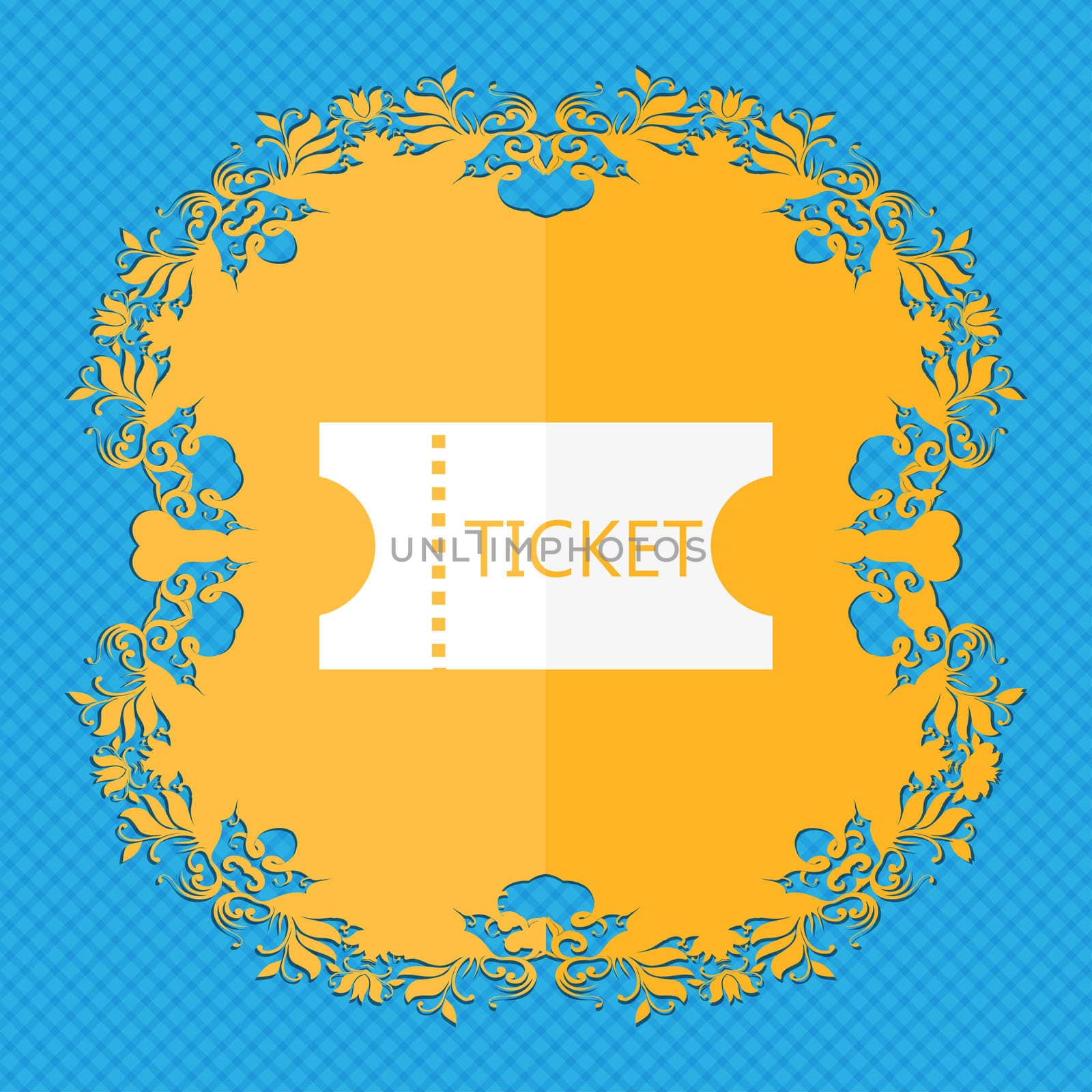 ticket icon sign. Floral flat design on a blue abstract background with place for your text.  by serhii_lohvyniuk