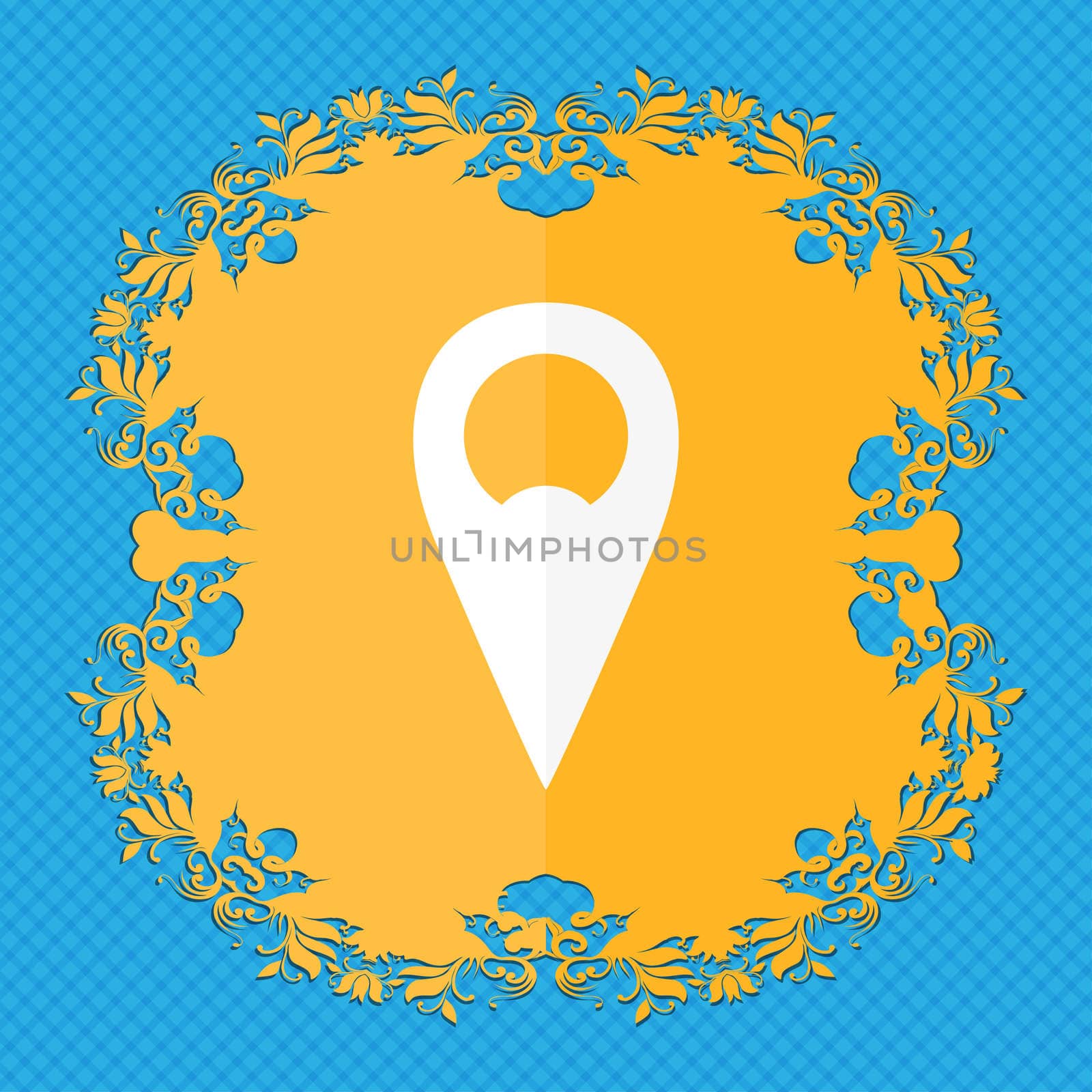 Map pointer icon sign. Floral flat design on a blue abstract background with place for your text.  by serhii_lohvyniuk