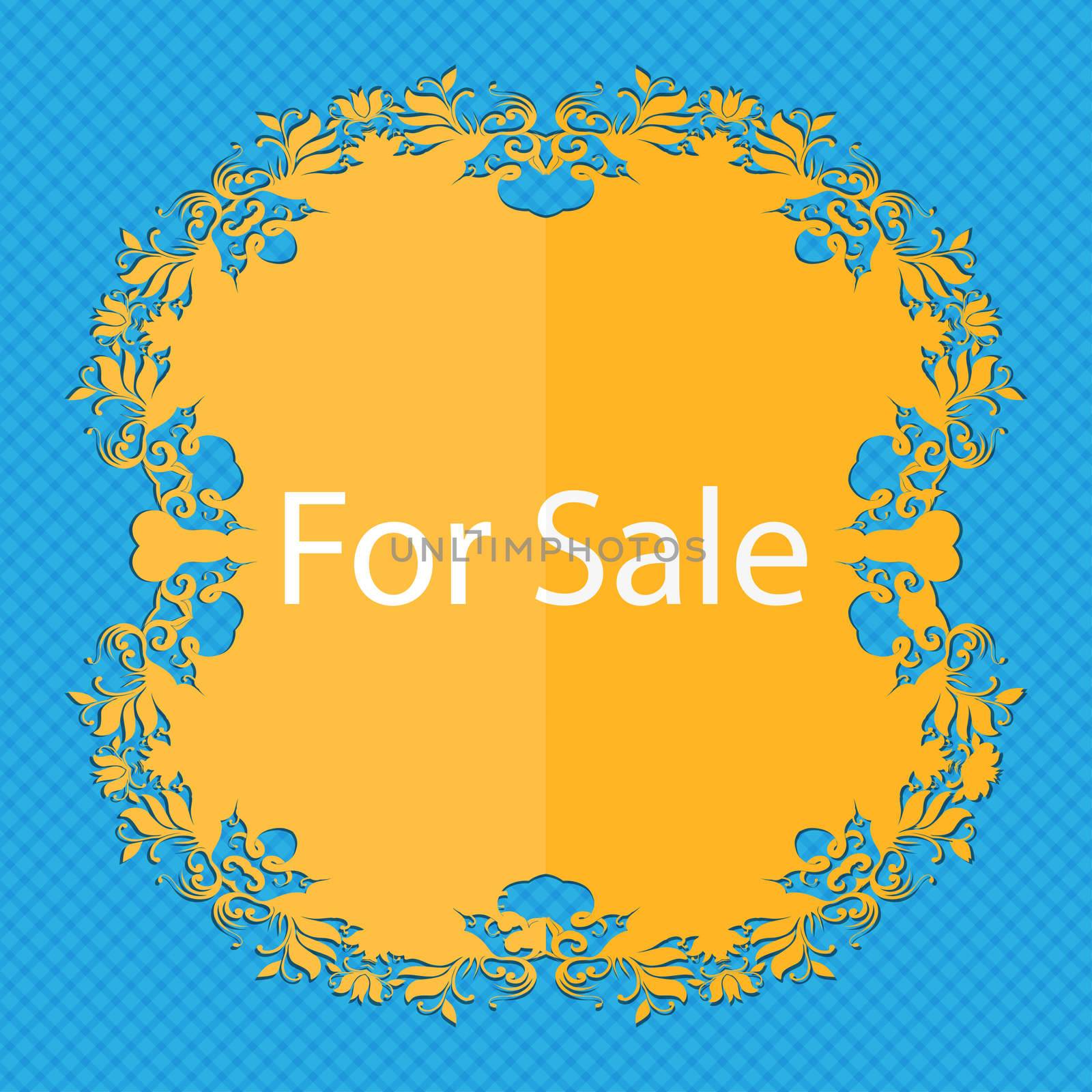 For sale sign icon. Real estate selling. Floral flat design on a blue abstract background with place for your text.  by serhii_lohvyniuk