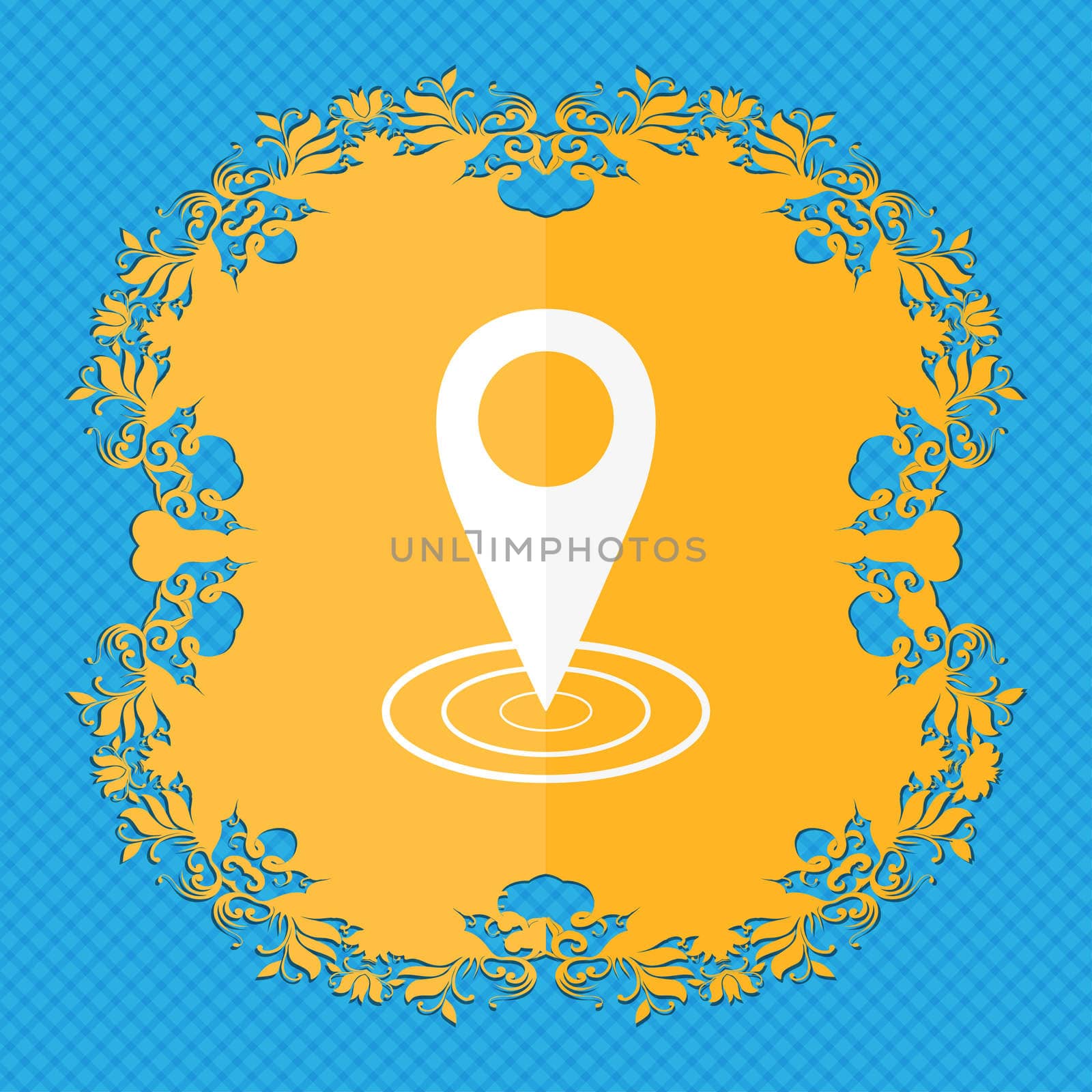 Map pointer icon sign. Floral flat design on a blue abstract background with place for your text.  by serhii_lohvyniuk