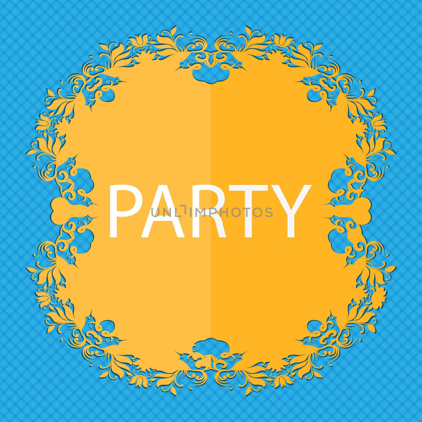 Party sign icon. Birthday air balloon with rope or ribbon symbol. Floral flat design on a blue abstract background with place for your text.  by serhii_lohvyniuk