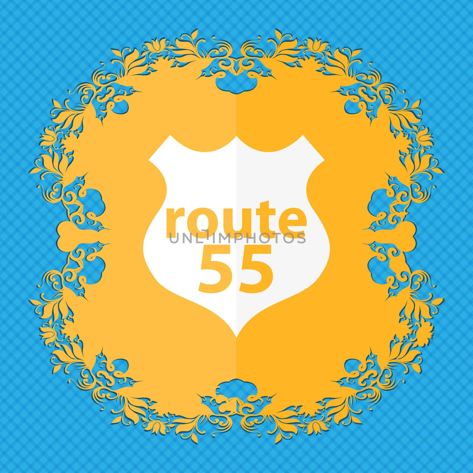 Route 55 highway icon sign. Floral flat design on a blue abstract background with place for your text.  by serhii_lohvyniuk