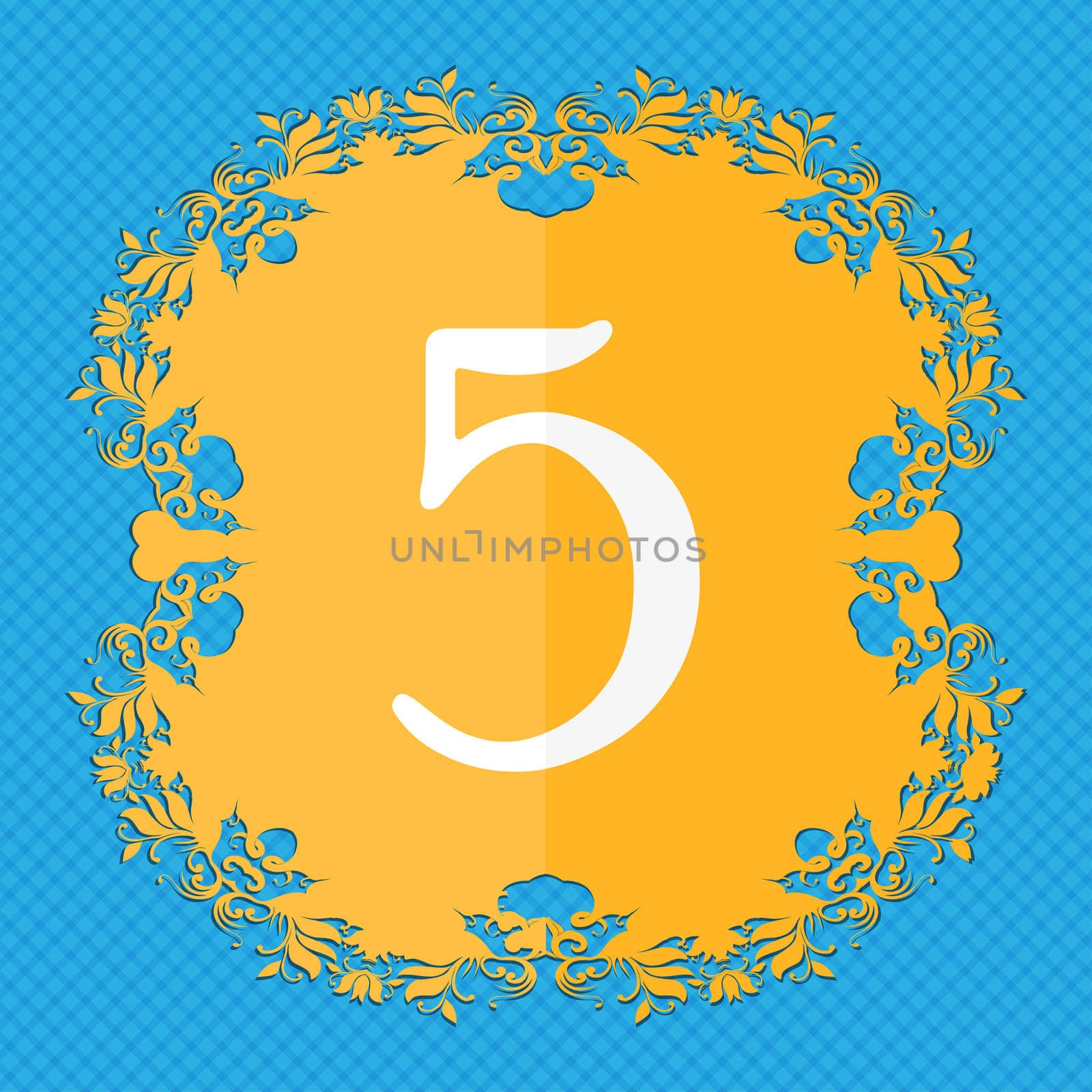 number five icon sign. Floral flat design on a blue abstract background with place for your text.  by serhii_lohvyniuk