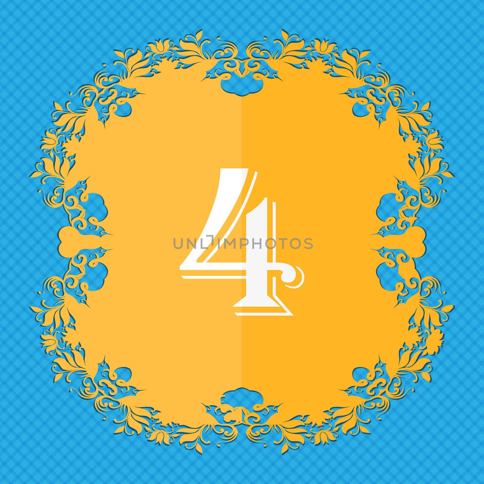 number four icon sign. Floral flat design on a blue abstract background with place for your text. illustration