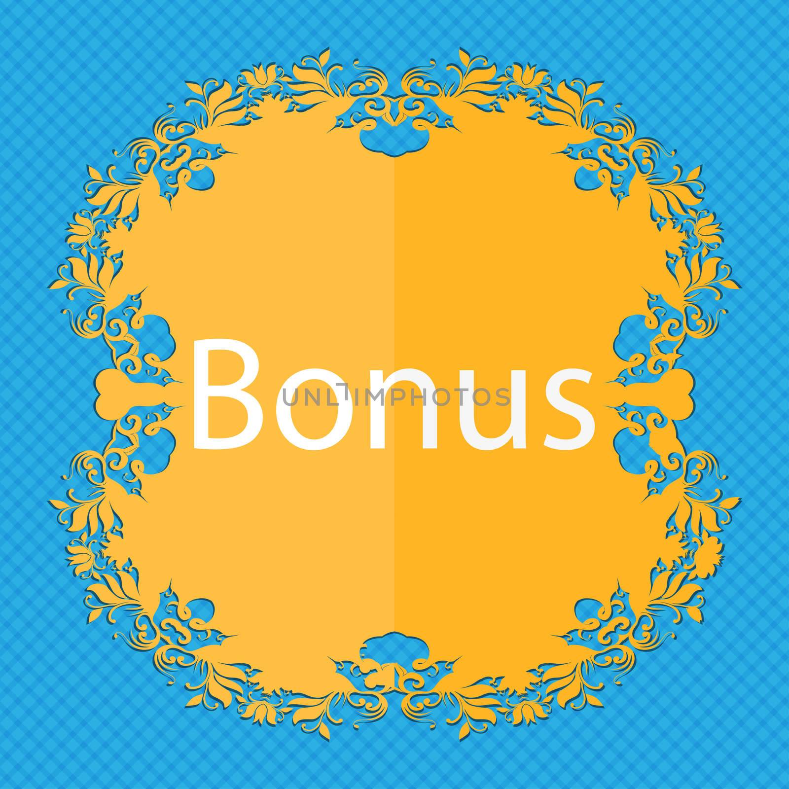 Bonus sign icon. Special offer label. Floral flat design on a blue abstract background with place for your text. illustration