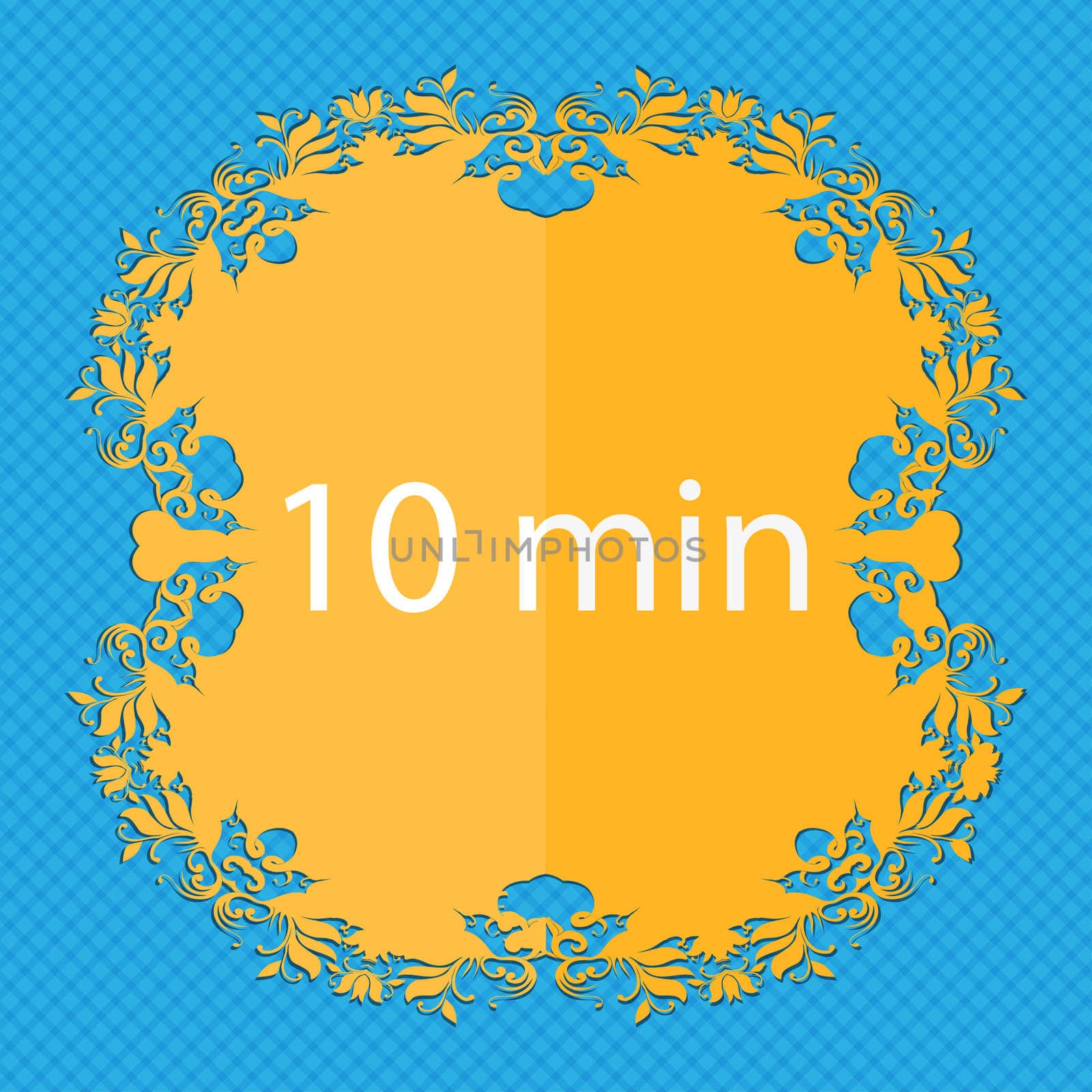 10 minutes sign icon. Floral flat design on a blue abstract background with place for your text. illustration