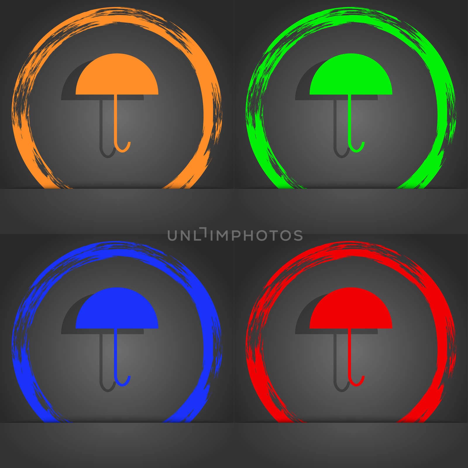 Umbrella sign icon. Rain protection symbol. Fashionable modern style. In the orange, green, blue, red design.  by serhii_lohvyniuk