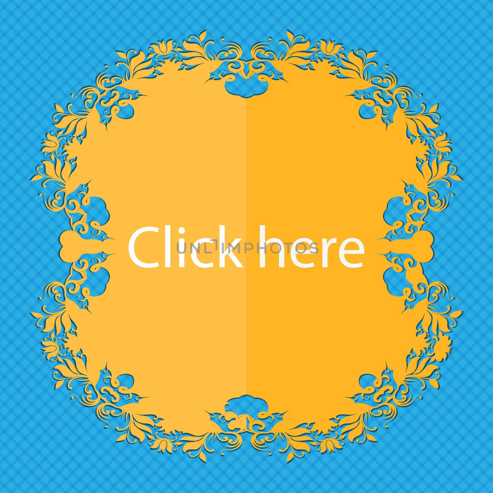 Click here sign icon. Press button. Floral flat design on a blue abstract background with place for your text. illustration