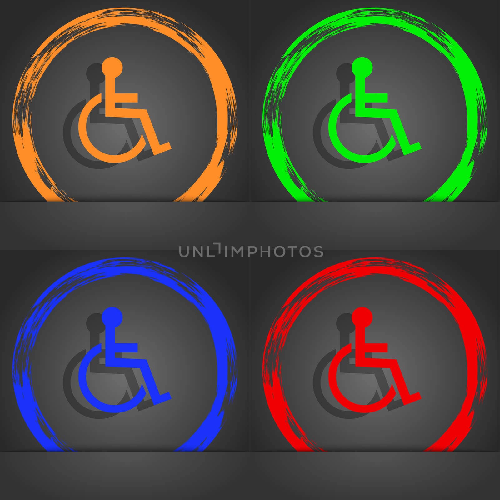 Disabled sign icon. Human on wheelchair symbol. Handicapped invalid sign. Fashionable modern style. In the orange, green, blue, red design. illustration