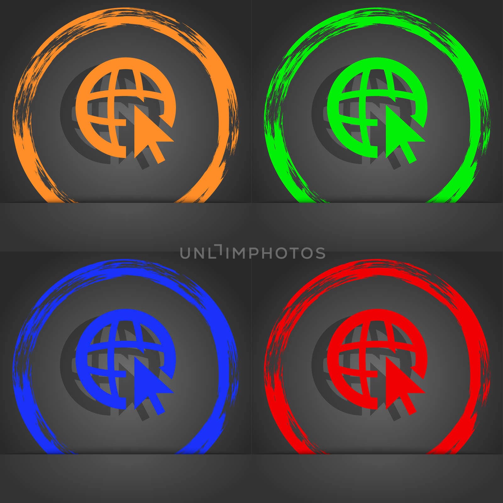 Internet sign icon. World wide web symbol. Cursor pointer. Fashionable modern style. In the orange, green, blue, red design. illustration