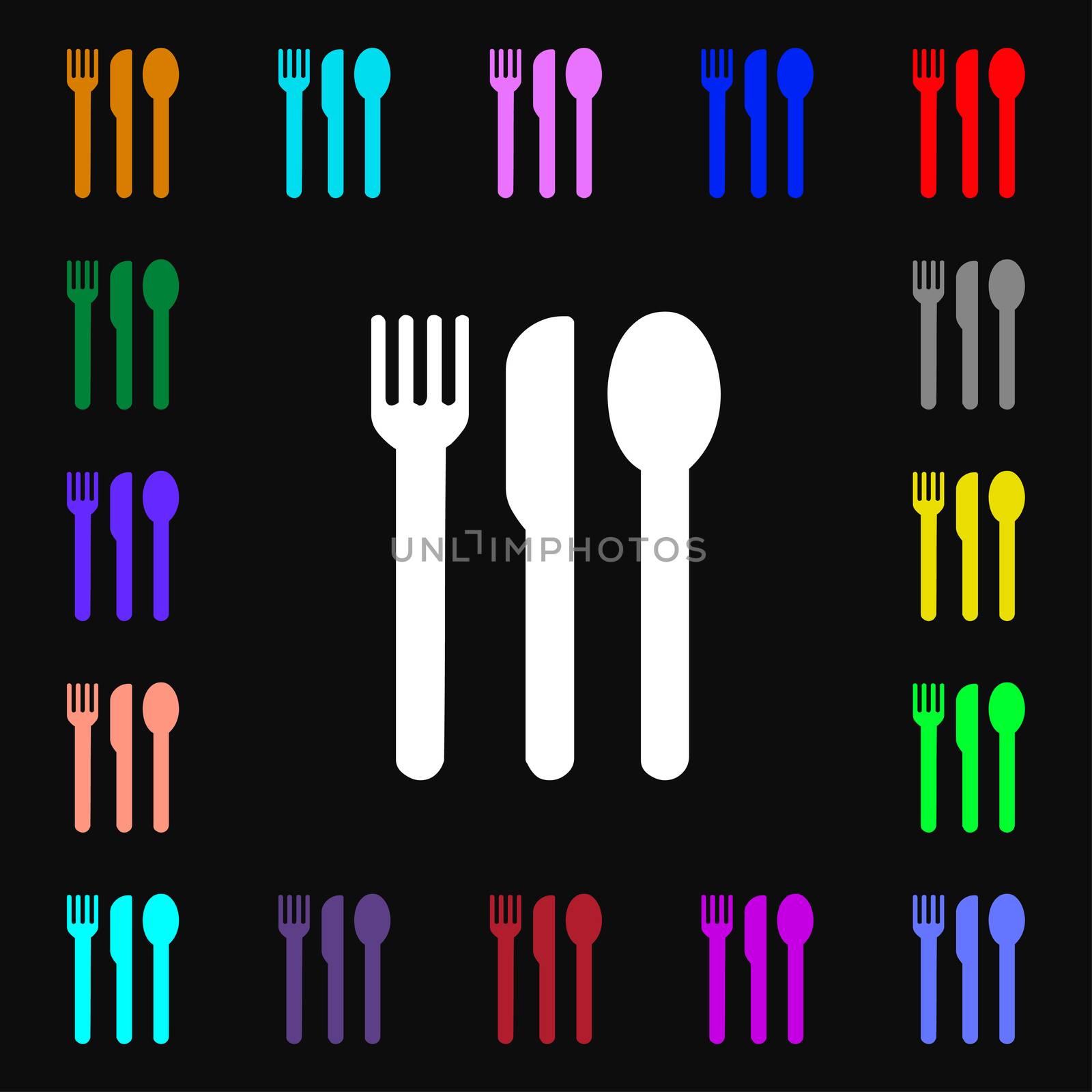 fork, knife, spoon iconi sign. Lots of colorful symbols for your design.  by serhii_lohvyniuk