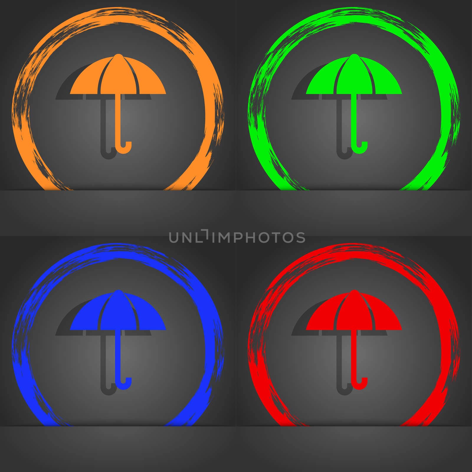 Umbrella sign icon. Rain protection symbol. Fashionable modern style. In the orange, green, blue, red design. illustration