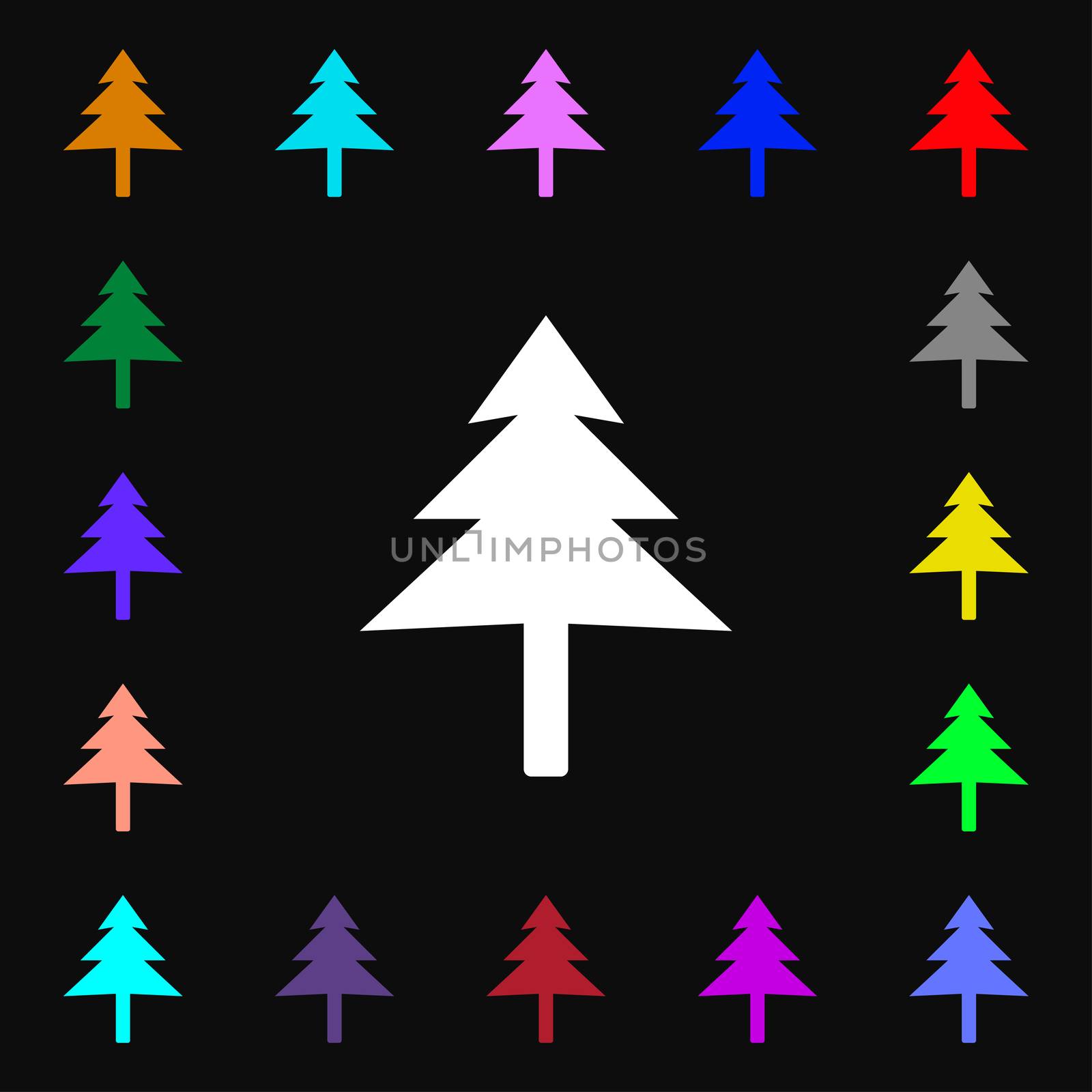 Christmas tree icon sign. Lots of colorful symbols for your design. illustration