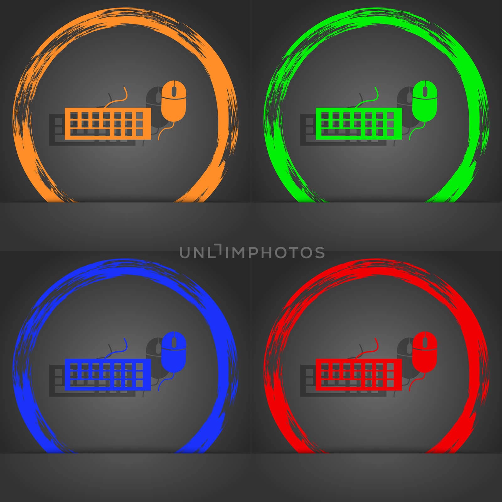 Computer keyboard and mouse Icon. Fashionable modern style. In the orange, green, blue, red design. illustration