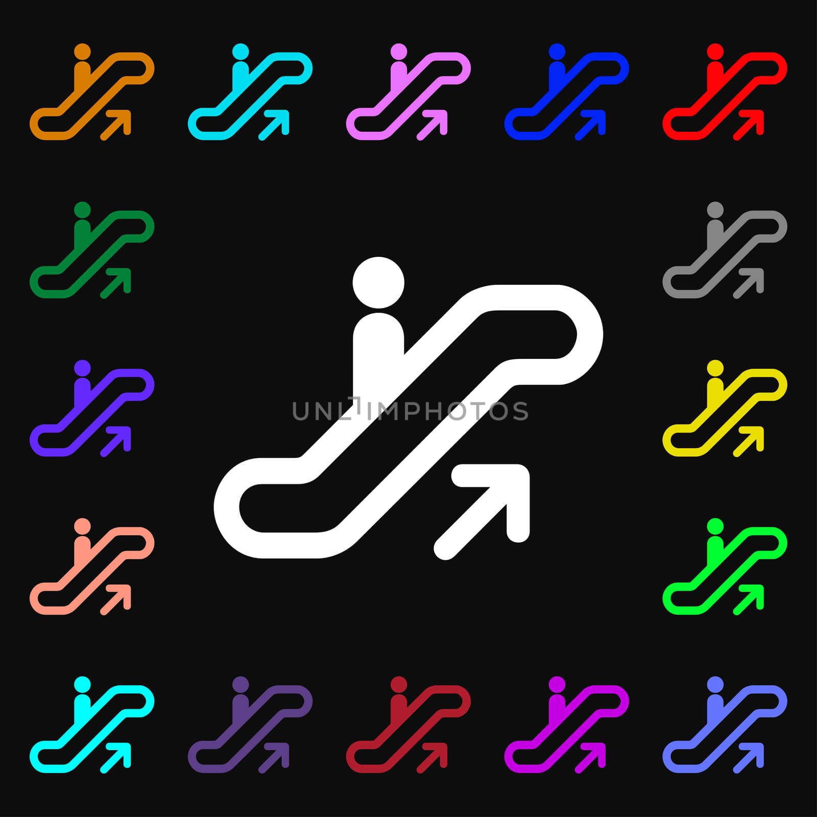 elevator, Escalator, Staircase icon sign. Lots of colorful symbols for your design. illustration
