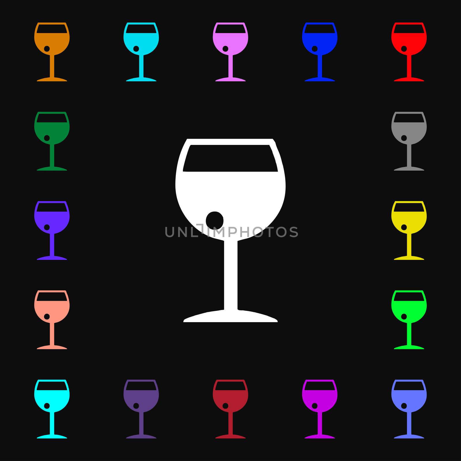 glass of wine iconi sign. Lots of colorful symbols for your design.  by serhii_lohvyniuk