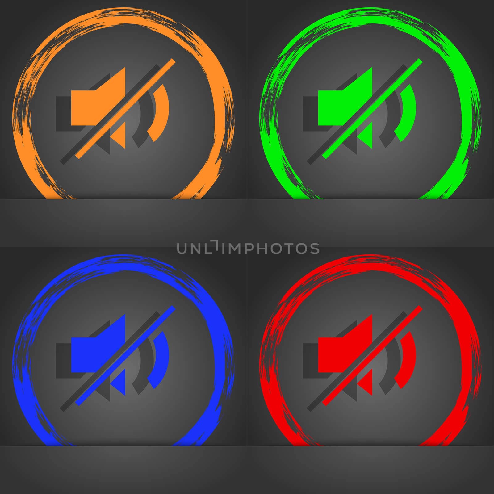 Mute speaker sign icon. Sound symbol.. Fashionable modern style. In the orange, green, blue, red design. illustration