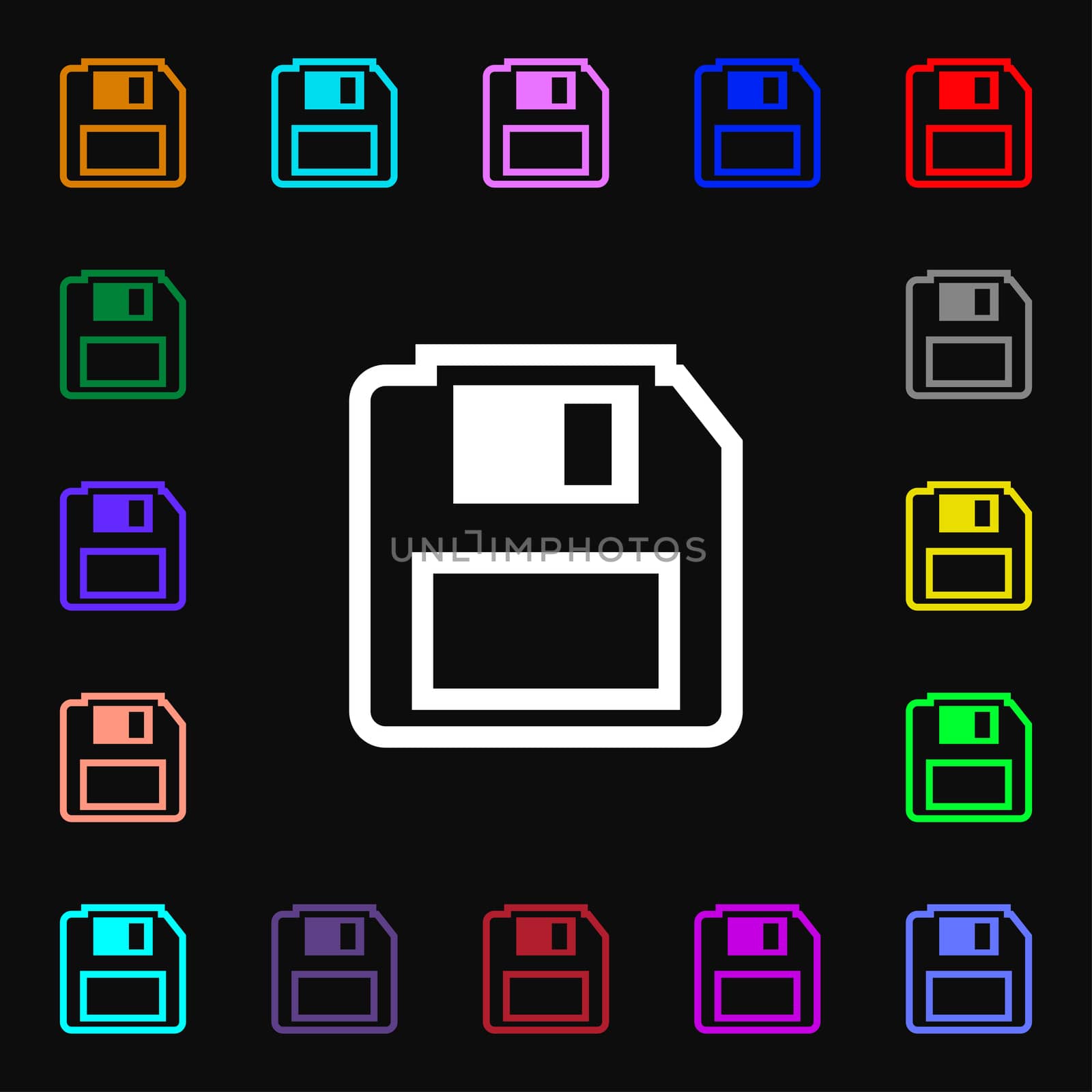 floppy disk icon sign. Lots of colorful symbols for your design. illustration