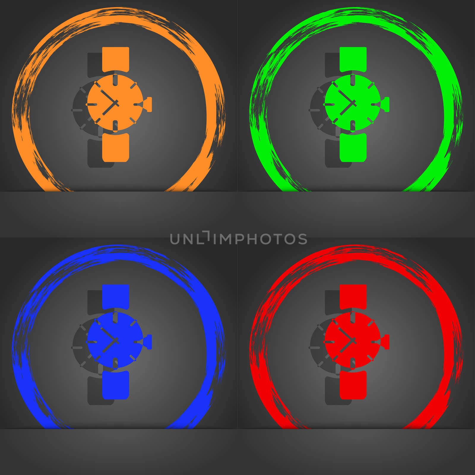 watches icon symbol . Fashionable modern style. In the orange, green, blue, red design. illustration