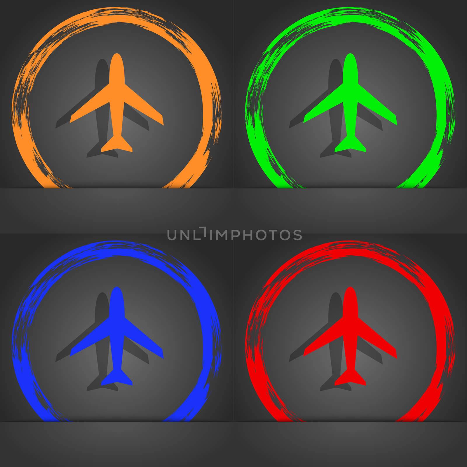 Airplane sign. Plane symbol. Travel icon. Flight flat label. Fashionable modern style. In the orange, green, blue, red design. illustration