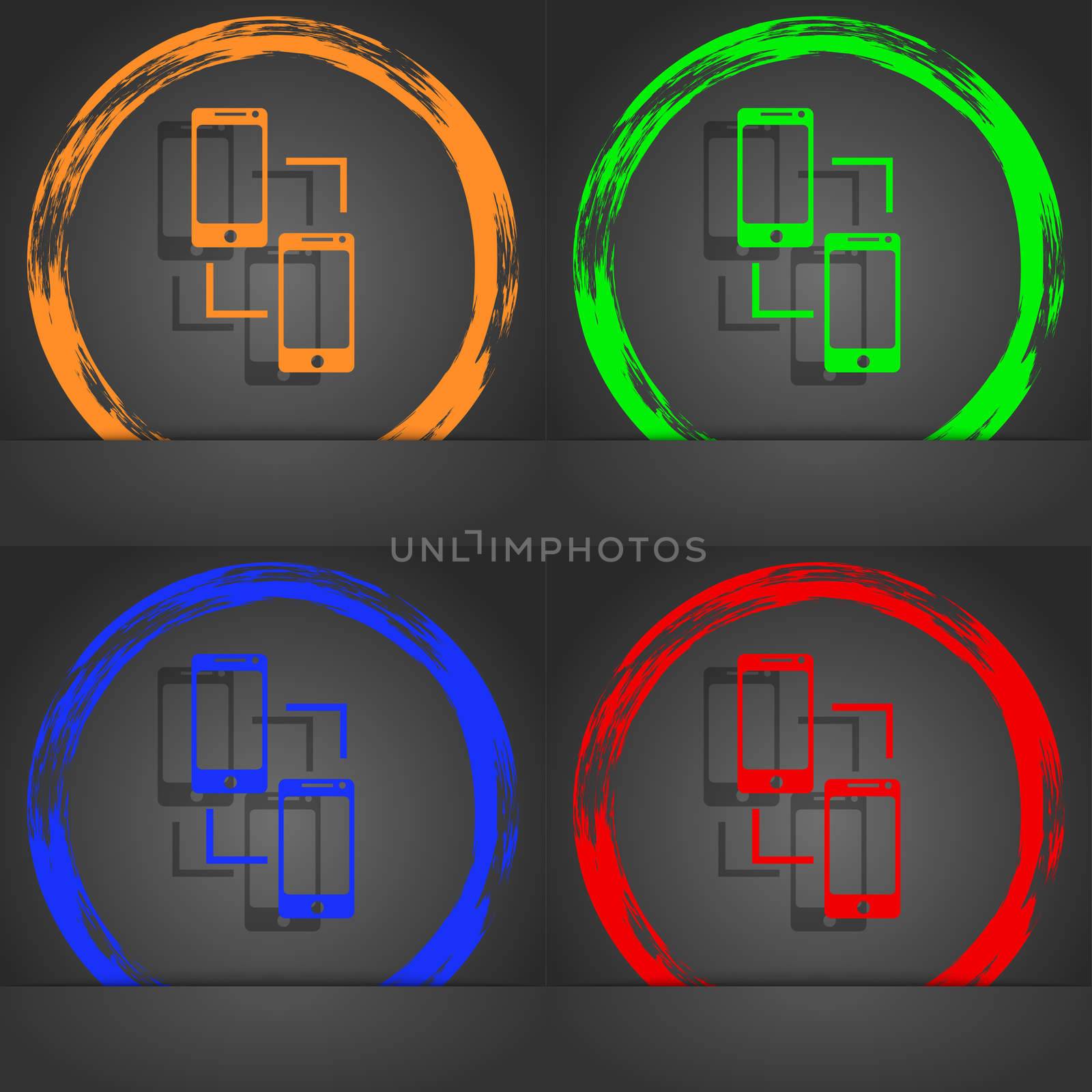Synchronization sign icon. communicators sync symbol. Data exchange. Fashionable modern style. In the orange, green, blue, red design. illustration