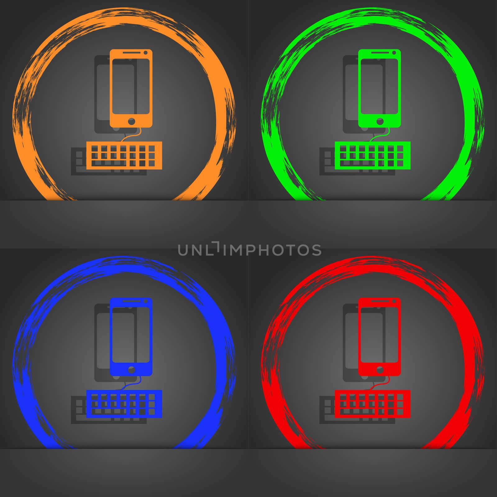 Computer keyboard and smatphone Icon. Fashionable modern style. In the orange, green, blue, red design. illustration