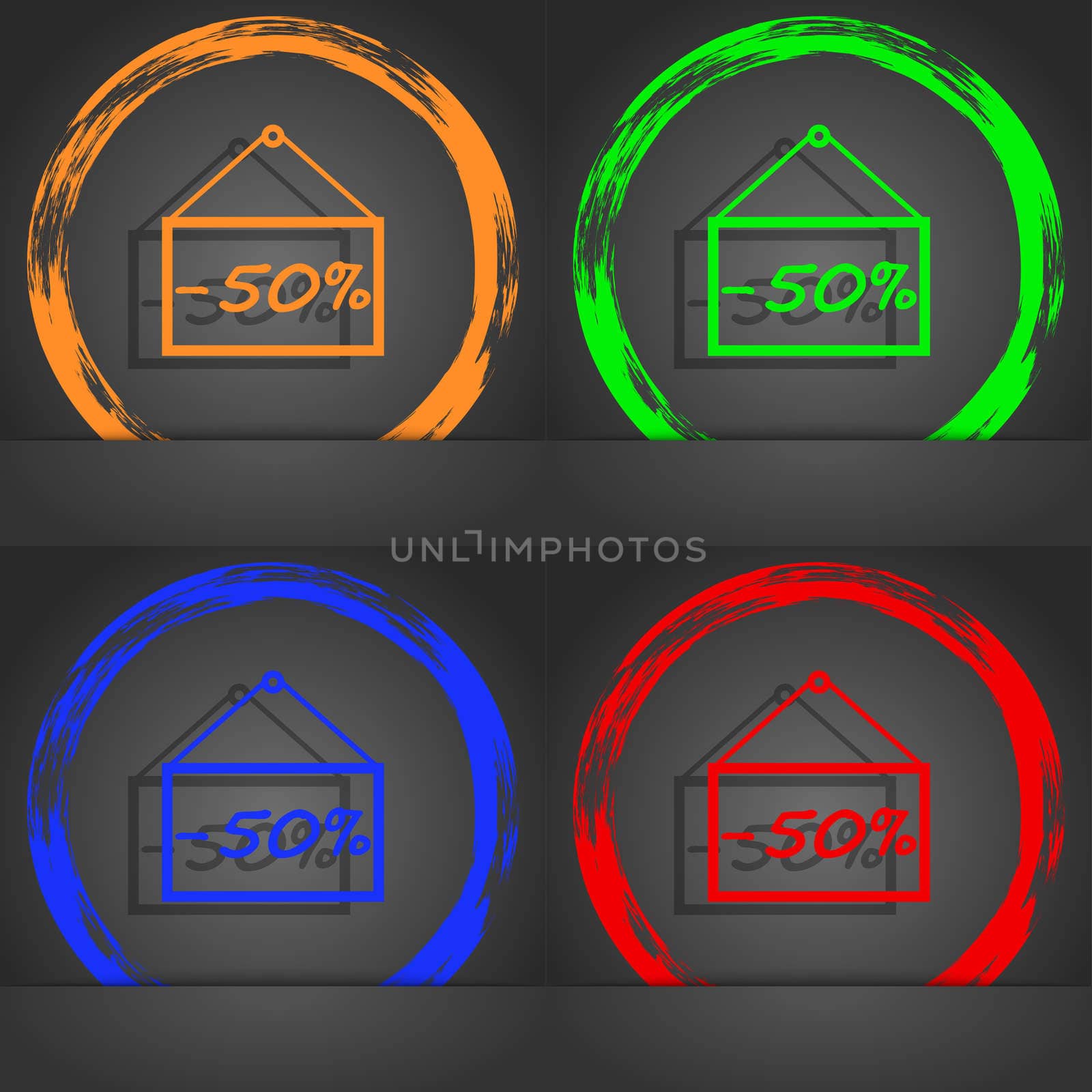 50 discount icon sign. Fashionable modern style. In the orange, green, blue, red design. illustration