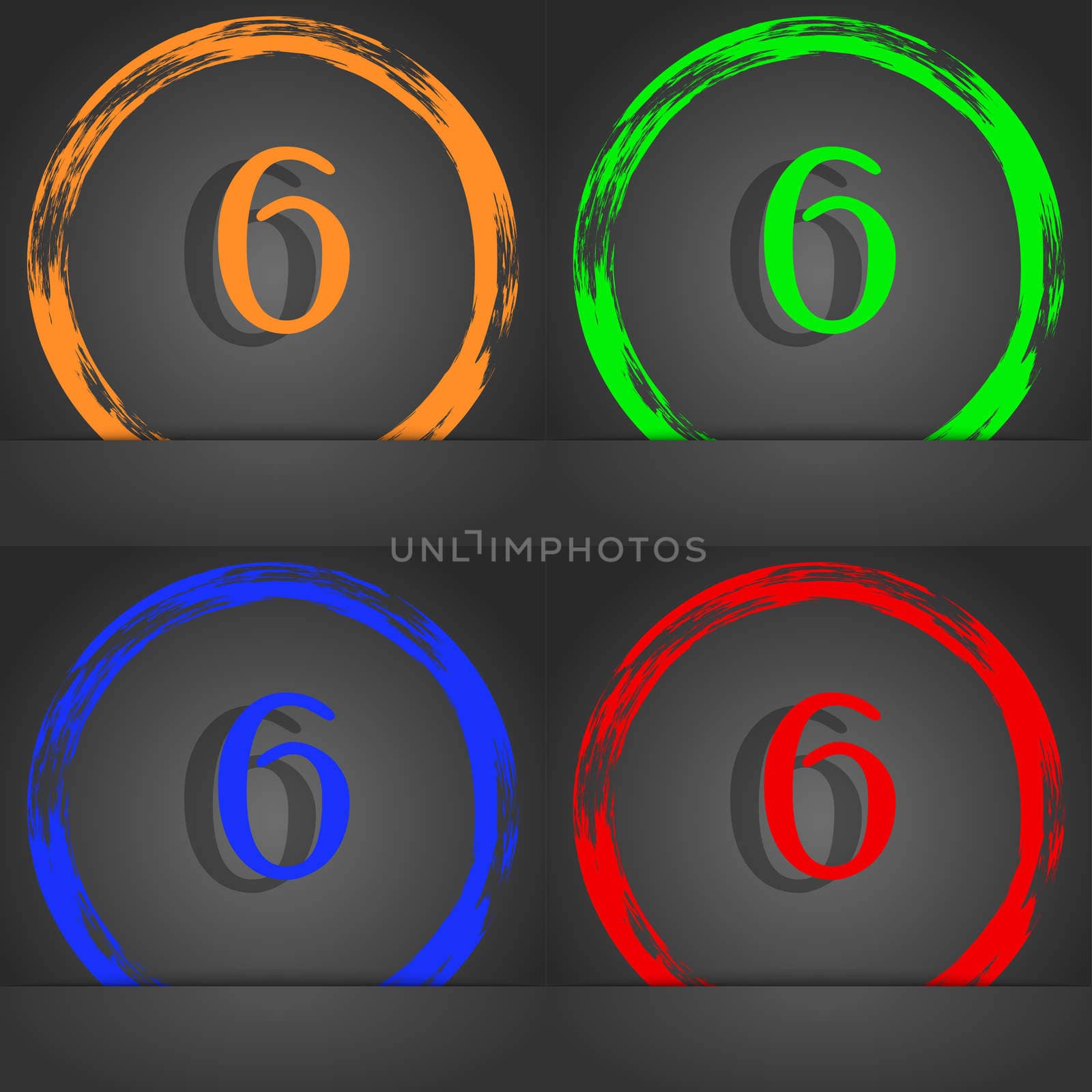 number six icon sign. Fashionable modern style. In the orange, green, blue, red design. illustration