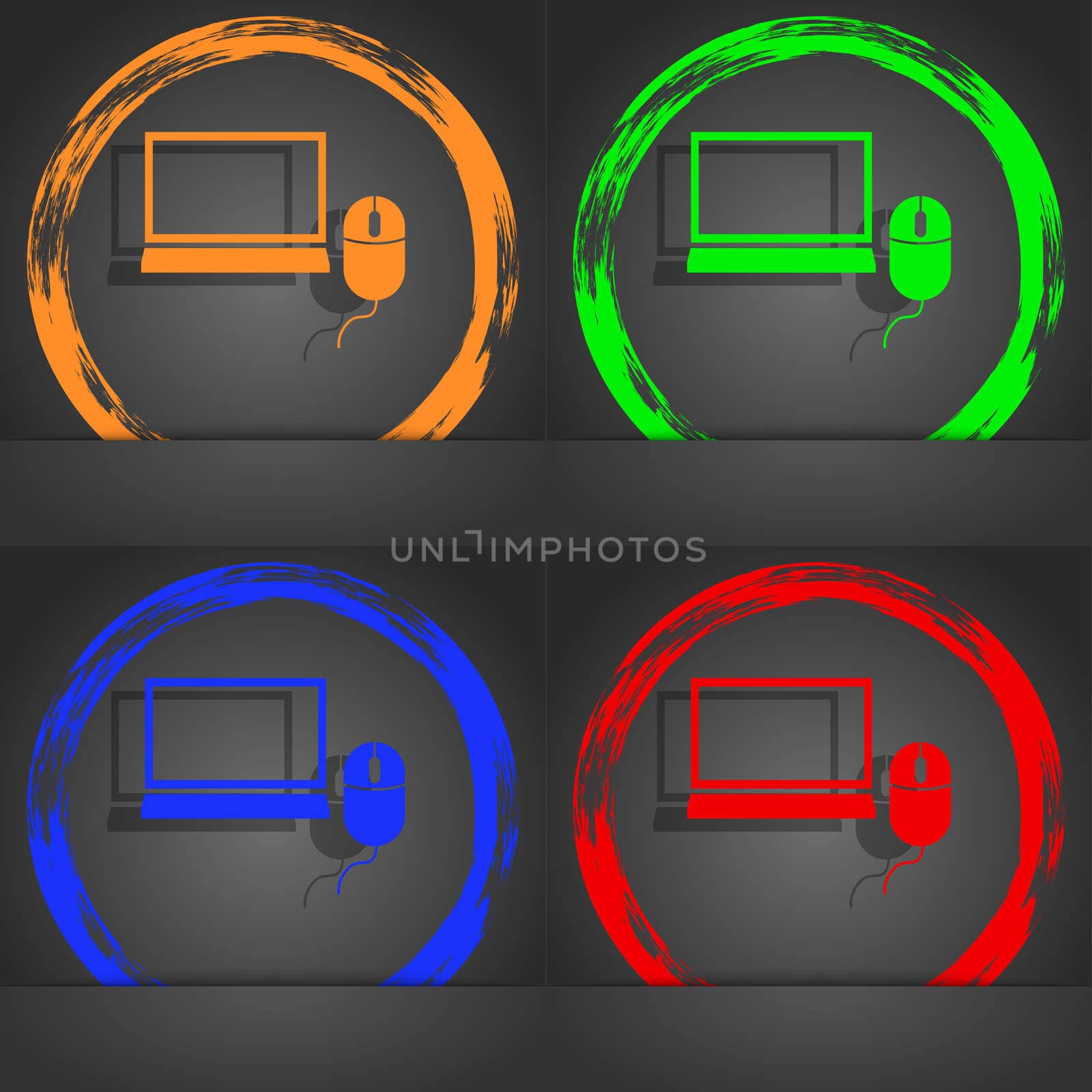 Computer widescreen monitor, mouse sign ico. Fashionable modern style. In the orange, green, blue, red design. illustration