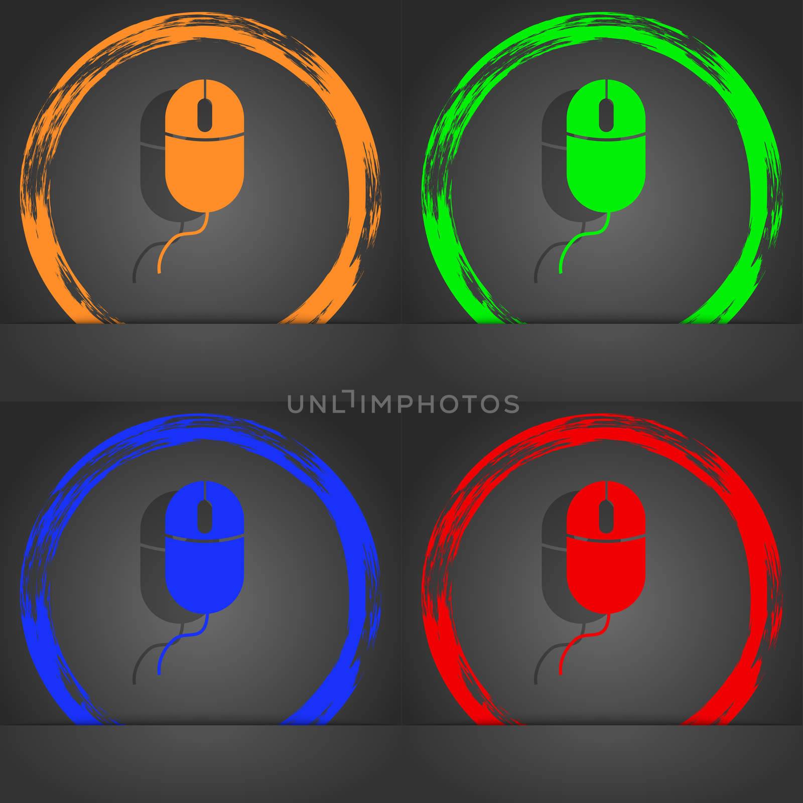 Computer mouse sign icon. Optical with wheel symbol. Fashionable modern style. In the orange, green, blue, red design. illustration