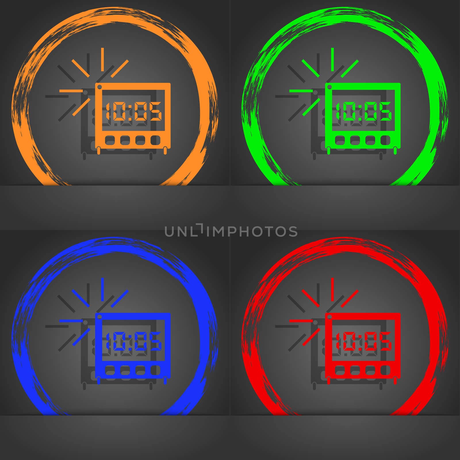 digital Alarm Clock icon sign. Fashionable modern style. In the orange, green, blue, red design. illustration